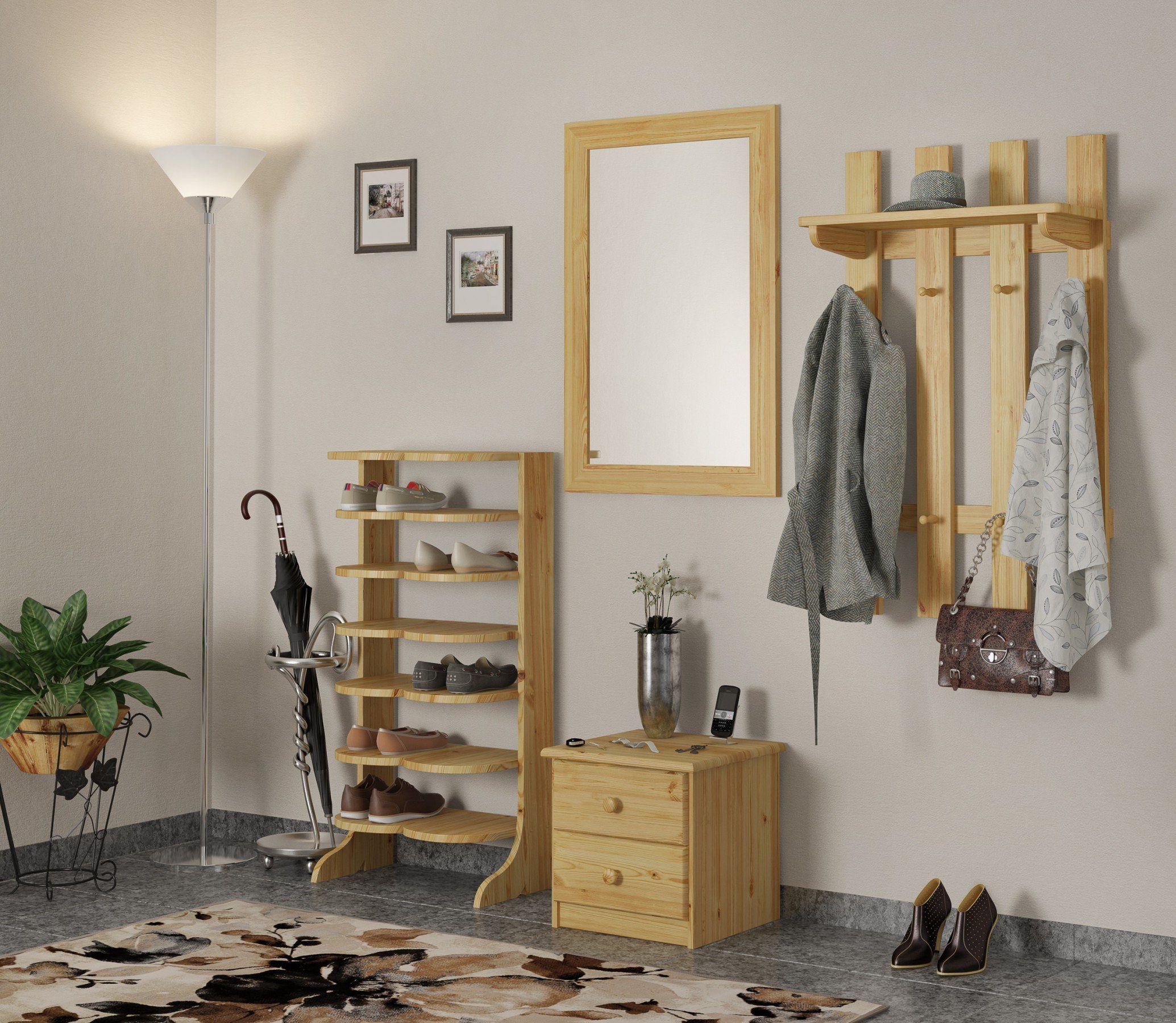 ERST-HOLZ Schuhregal Wandgarderobe Garderoben Panel Kiefer Kleiderhaken aus