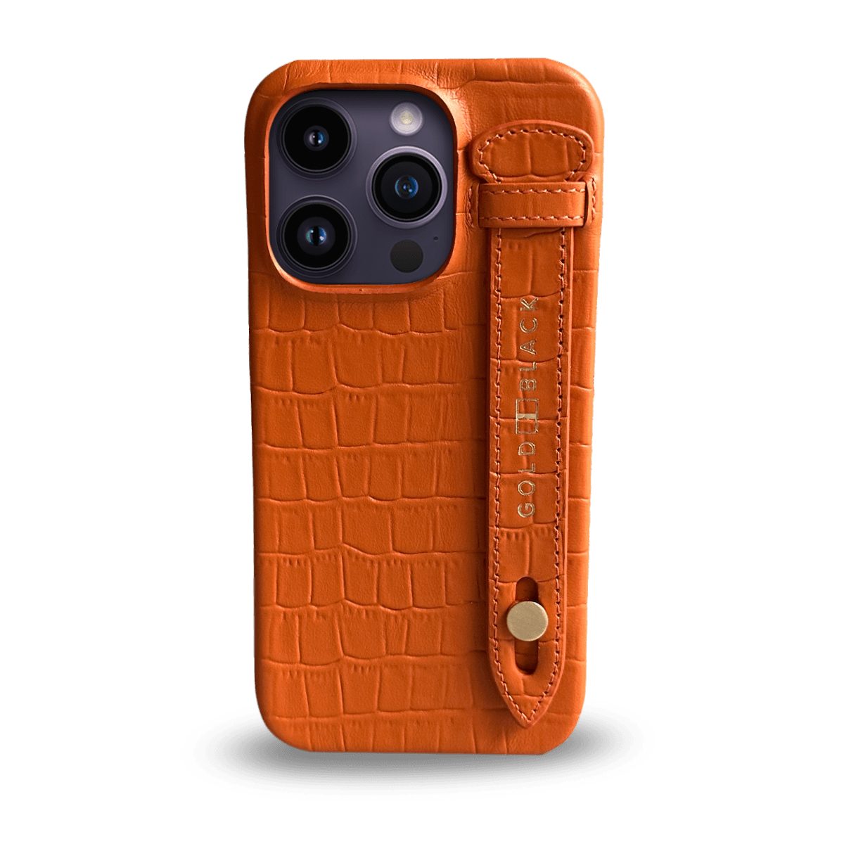 GOLDBLACK Handyhülle iPhone 14 Pro Slim Lederhülle Kroko-Prägung orange mit Fingerschlaufe