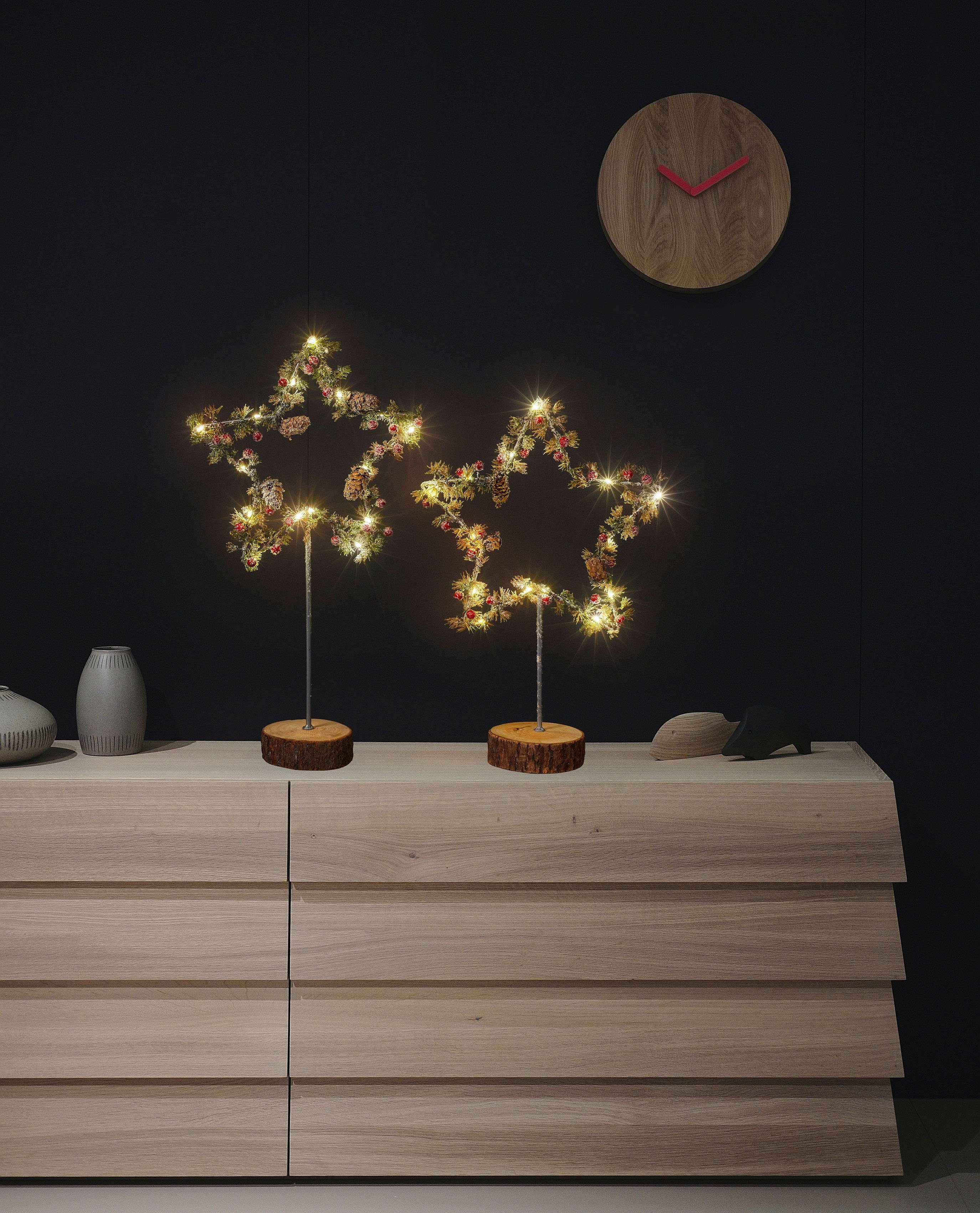 BONETTI LED Stern Höhe 49 Früchte und ca. Warmweiß, Weihnachtsdeko Holzfuß, Set, cm + cm, 39 integriert, 2er Zapfen, mit Weihnachtsstern, fest LED