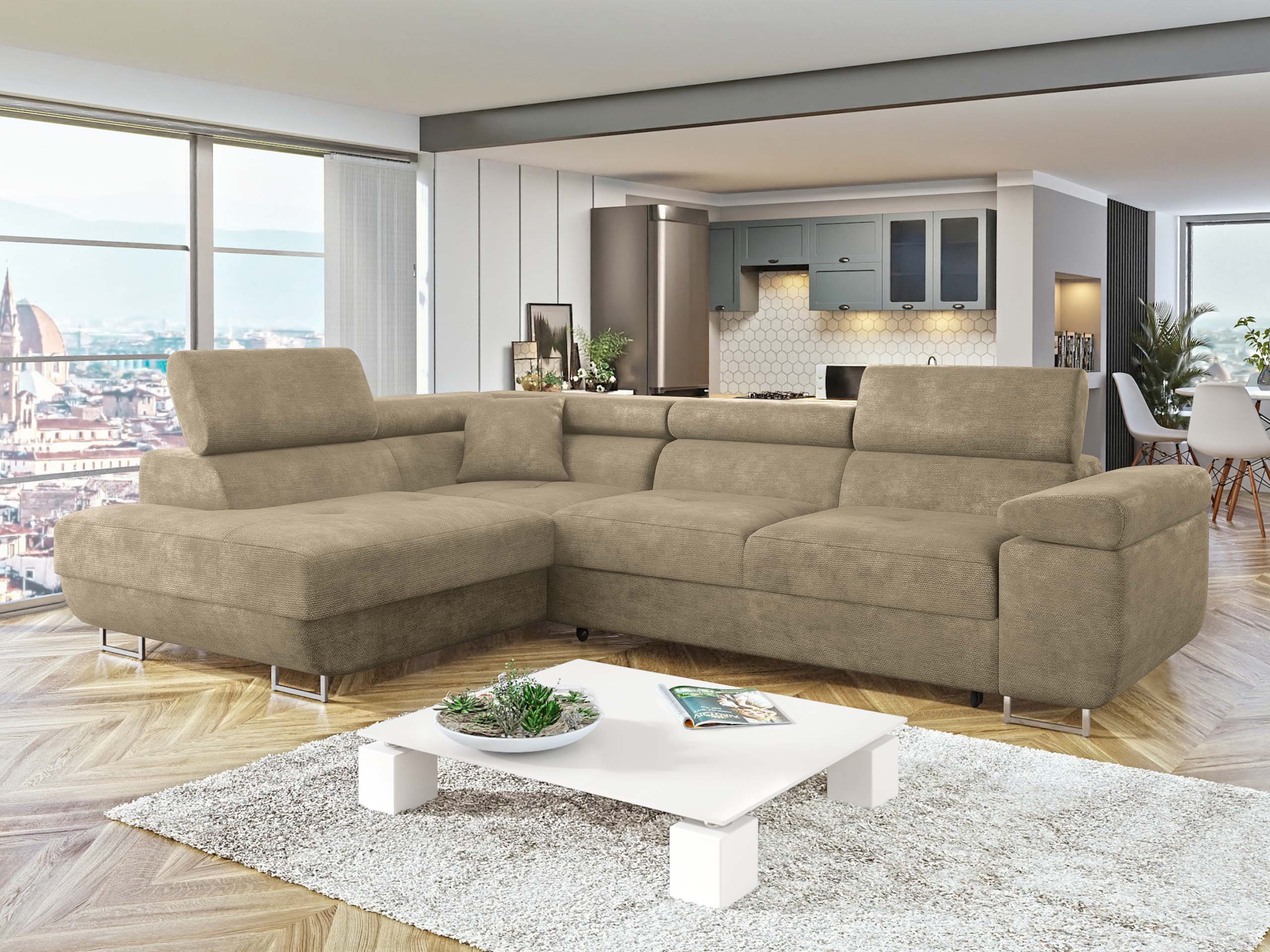 MIRJAN24 Ecksofa Torezio, mit Bettkasten und Schlaffunktion, Einstellbare Kopfstützen, 274x203x70-90 cm