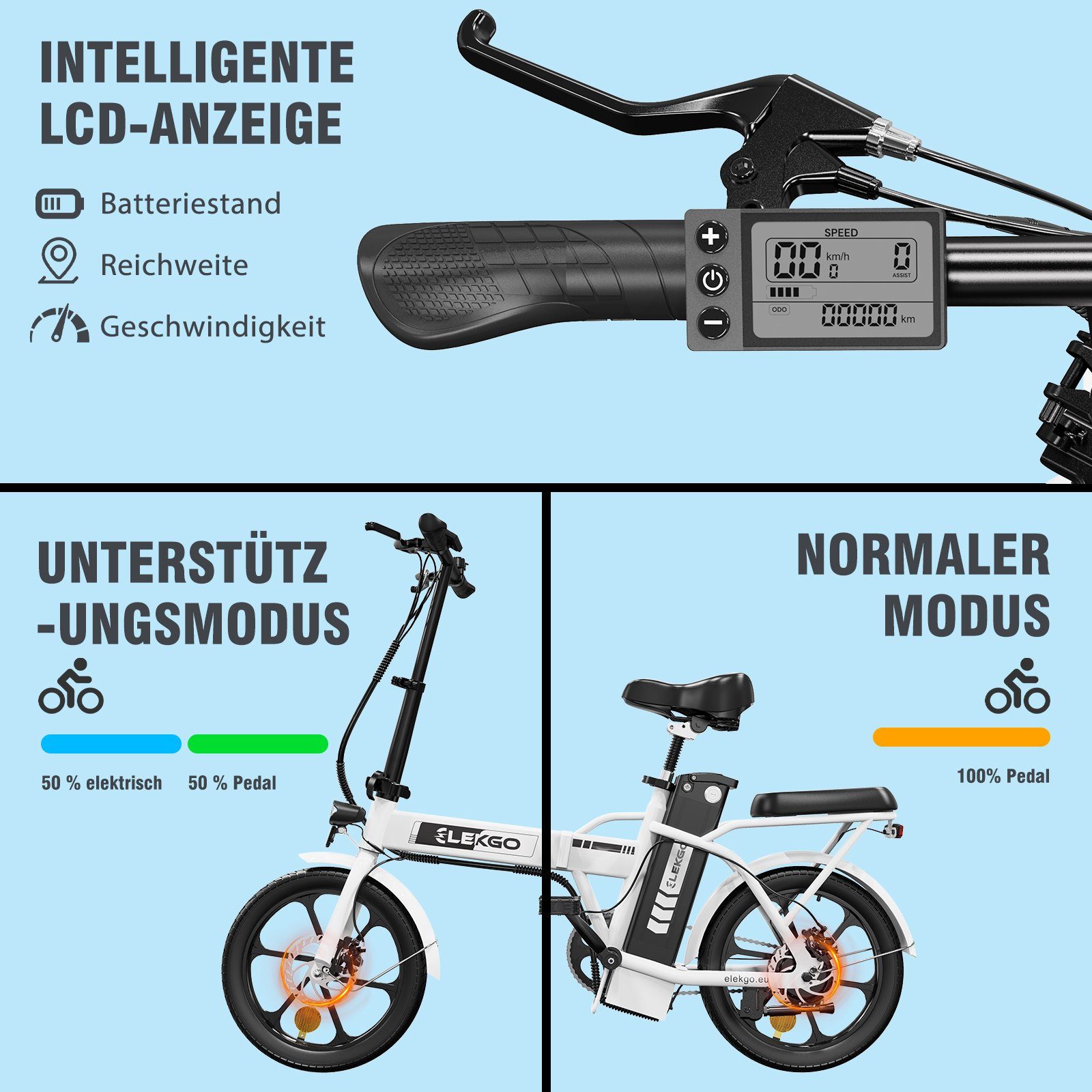 ELEKGO E-Bike Elektrofahrrad 16 Klapprad 8.4Ah bis Zoll 1 Weiß Heckmotor Gang, Batterie mit 35-70km, 250W 36V