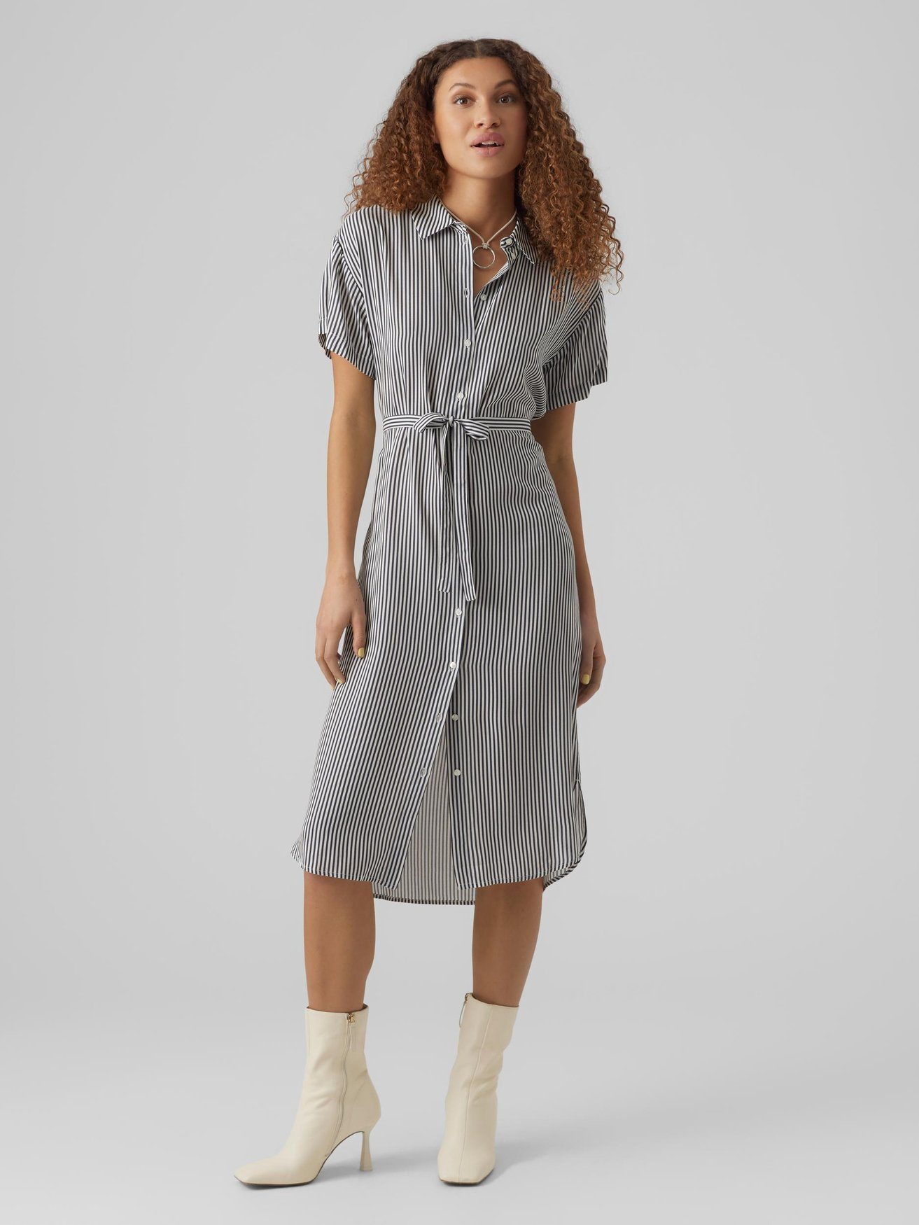 Vero Moda Shirtkleid Leichtes Kurzärmliges Basic Midi VMBUMPY (lang) VMBUMPY SS CALF SHIRT DRESS WVN GA NOOS