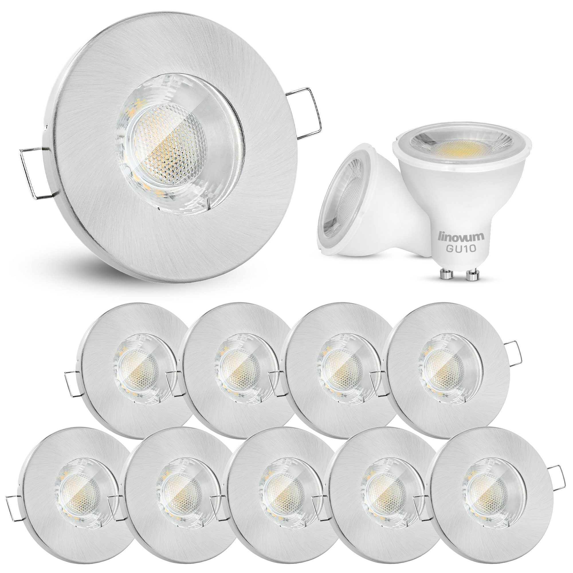 linovum LED Einbaustrahler 10x LED Einbaustrahler IP65 neutralweiß GU10 3W Badleuchte Deckenspot, Neutralweiß
