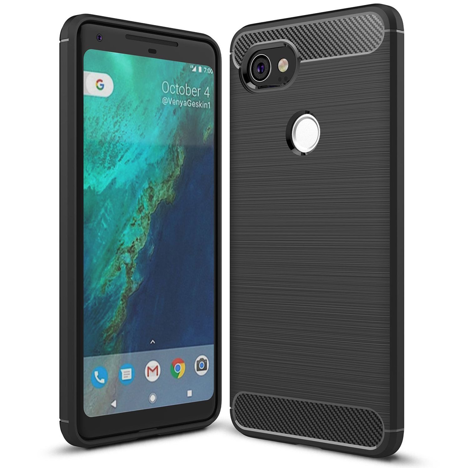Nalia Smartphone-Hülle Google Pixel 2 XL 15,2 cm (6 Zoll), Carbon Look Silikon Hülle / Matt Schwarz / Rutschfest / Karbon Optik