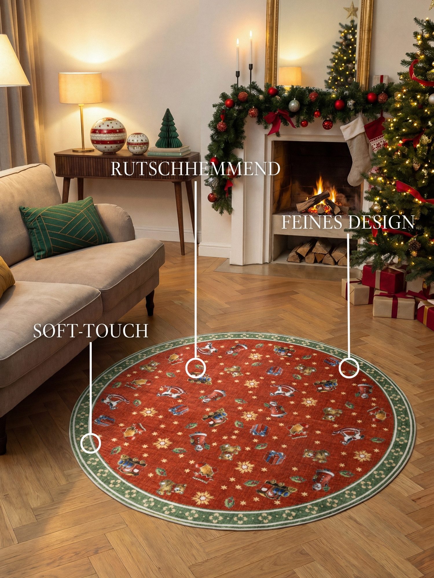 Villeroy & Boch Teppich Toy's Delight Nostalgic Noel, rund, Höhe: 3 mm, Weihnachten, Toys Delight, Wohnzimmer, Waschbar, Baumrock, Christmas – Bild 3 von 5
