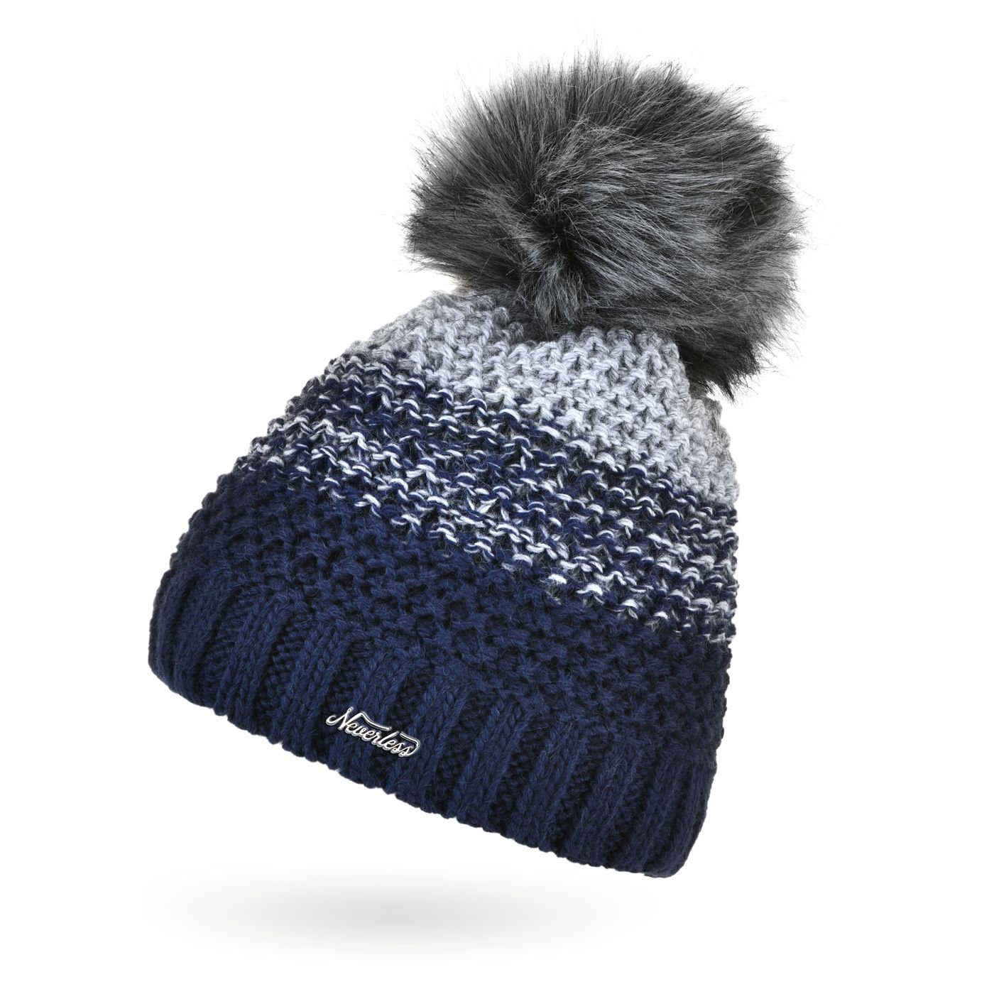 Winter-Mütze Neverless® Damen Bommelmütze Neverless Kunstfell gefüttert Fleece Bommelmütze Strick-Mütze mehrfarbig Grobstrick blau Fell-Bommel