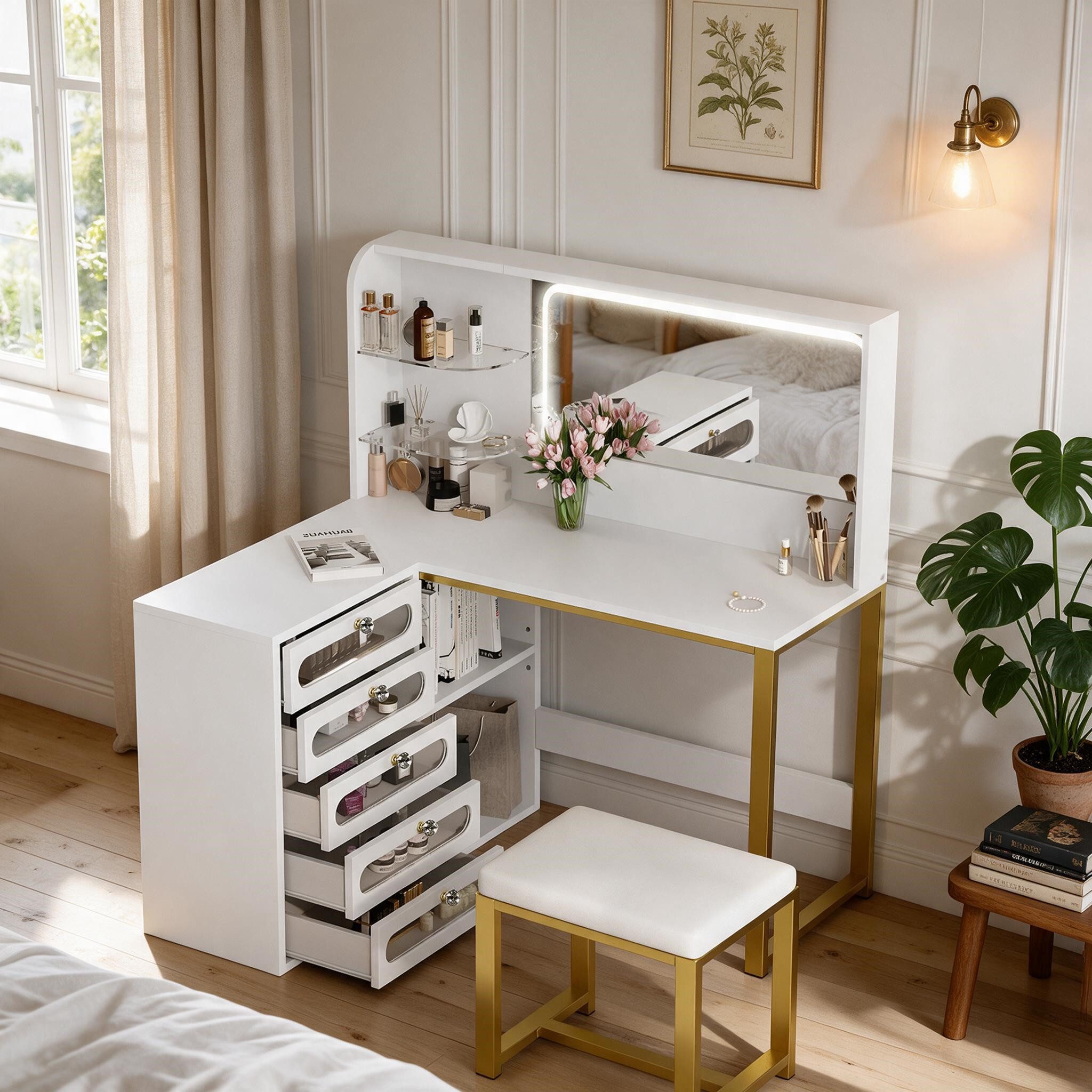 Simurq Schminktisch Eck‑Schminktisch L‑Form LED‑Spiegel, Hocker, 5 Schubladen, 3 Lichtmodi