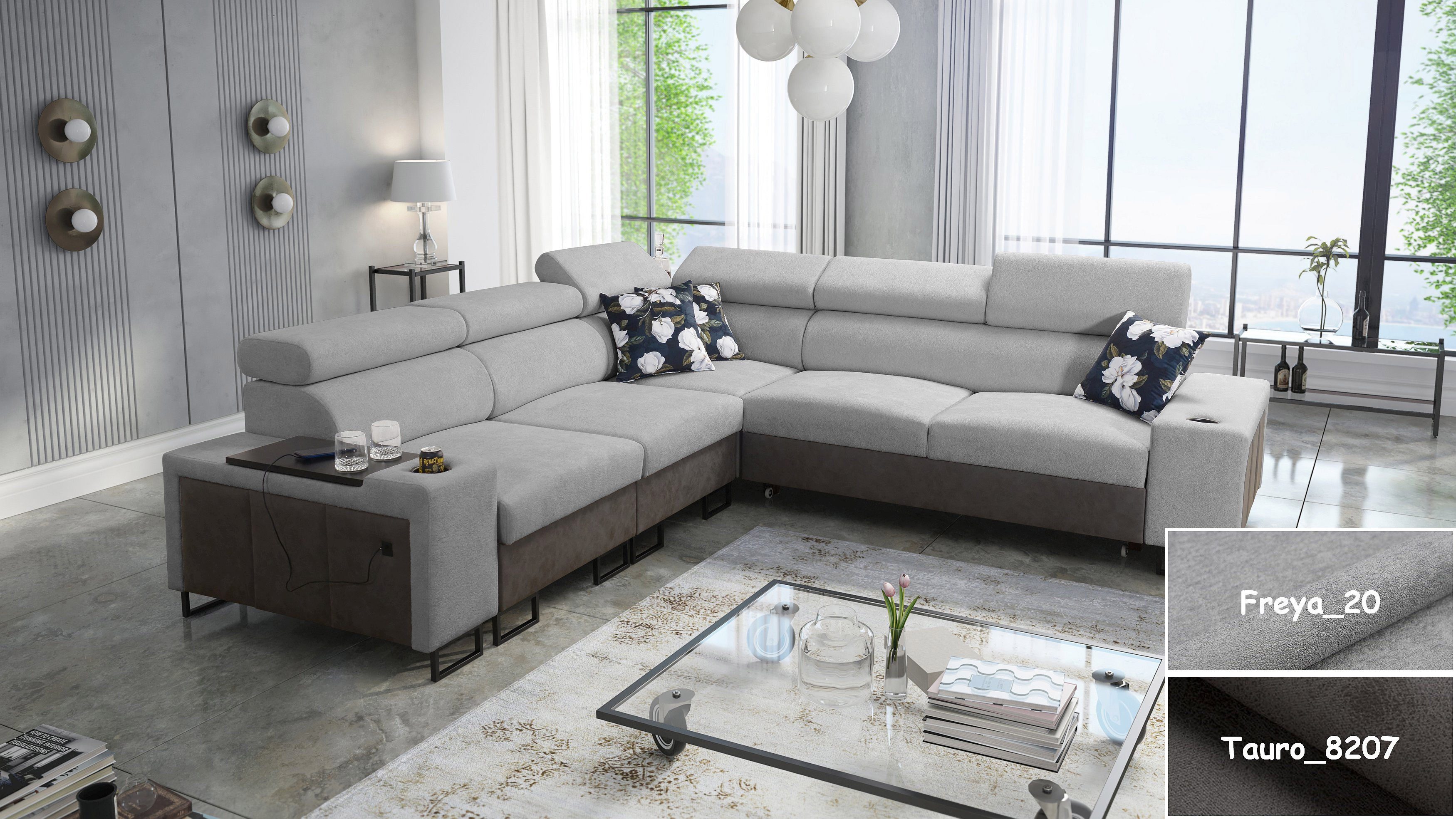 Möbel für Dich Ecksofa Melody III, mit USB, Ablagen, Barfach, Schlaffunktion und 2 Bettkästen