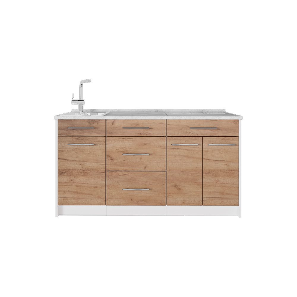 Vicco Küchenzeile Fame-Line, Goldkraft Eiche/Weiß, 150 cm, AP Marmor