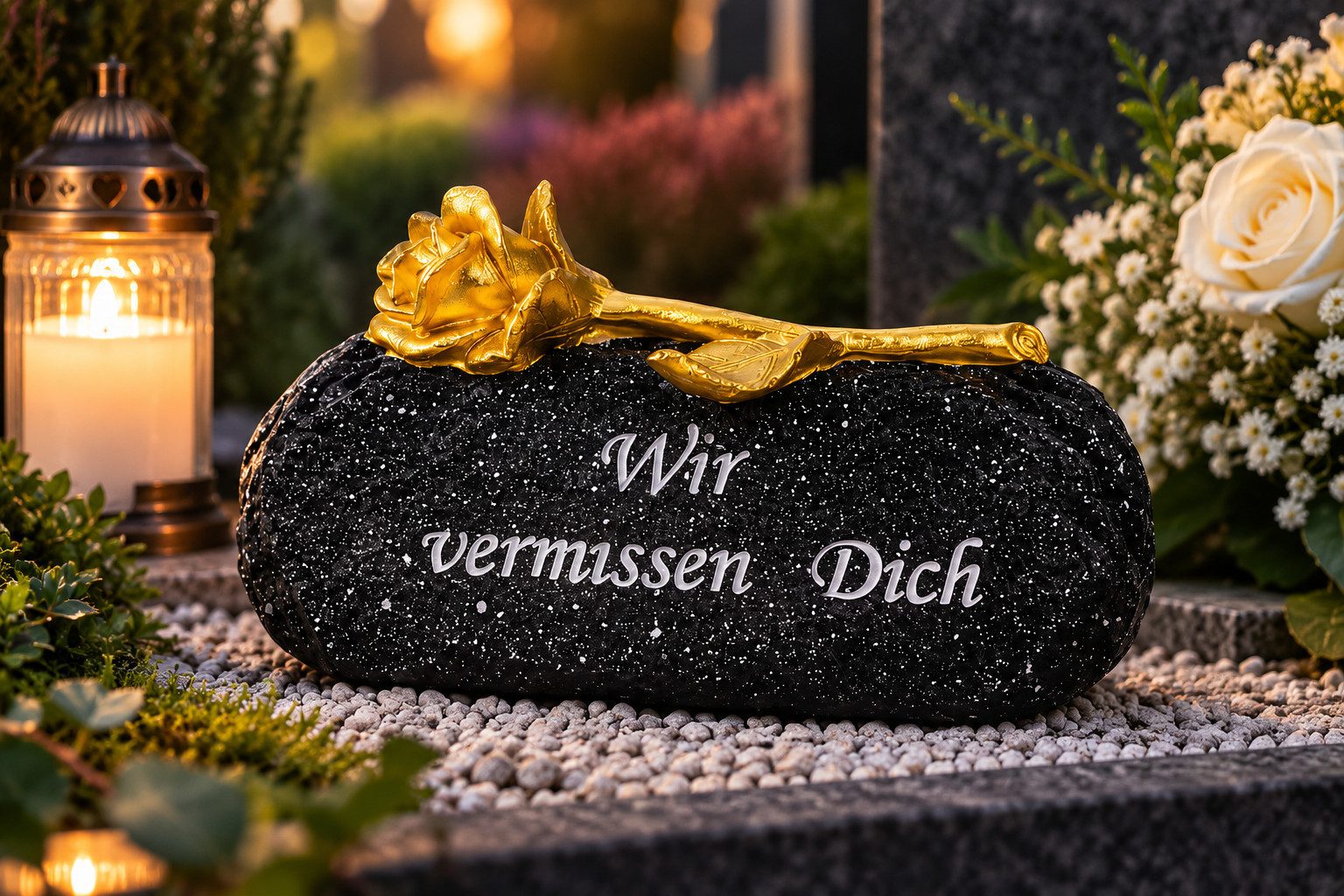 MF Grabkerze Gedenkstein mit goldener Rose und Schriftzug – Schwarz, 16 cm (1-tlg) – Bild 2 von 3