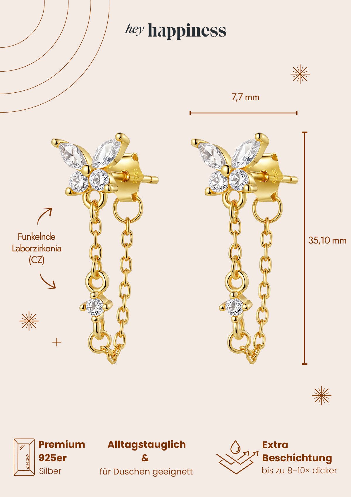 Hey Happiness Paar Ohrhänger Schmetterling Kettenohrringe, mit Zirkonia, 925 Silber Ohrstecker mit Ketten vergoldet, Gold & Roségold – Bild 5 von 5