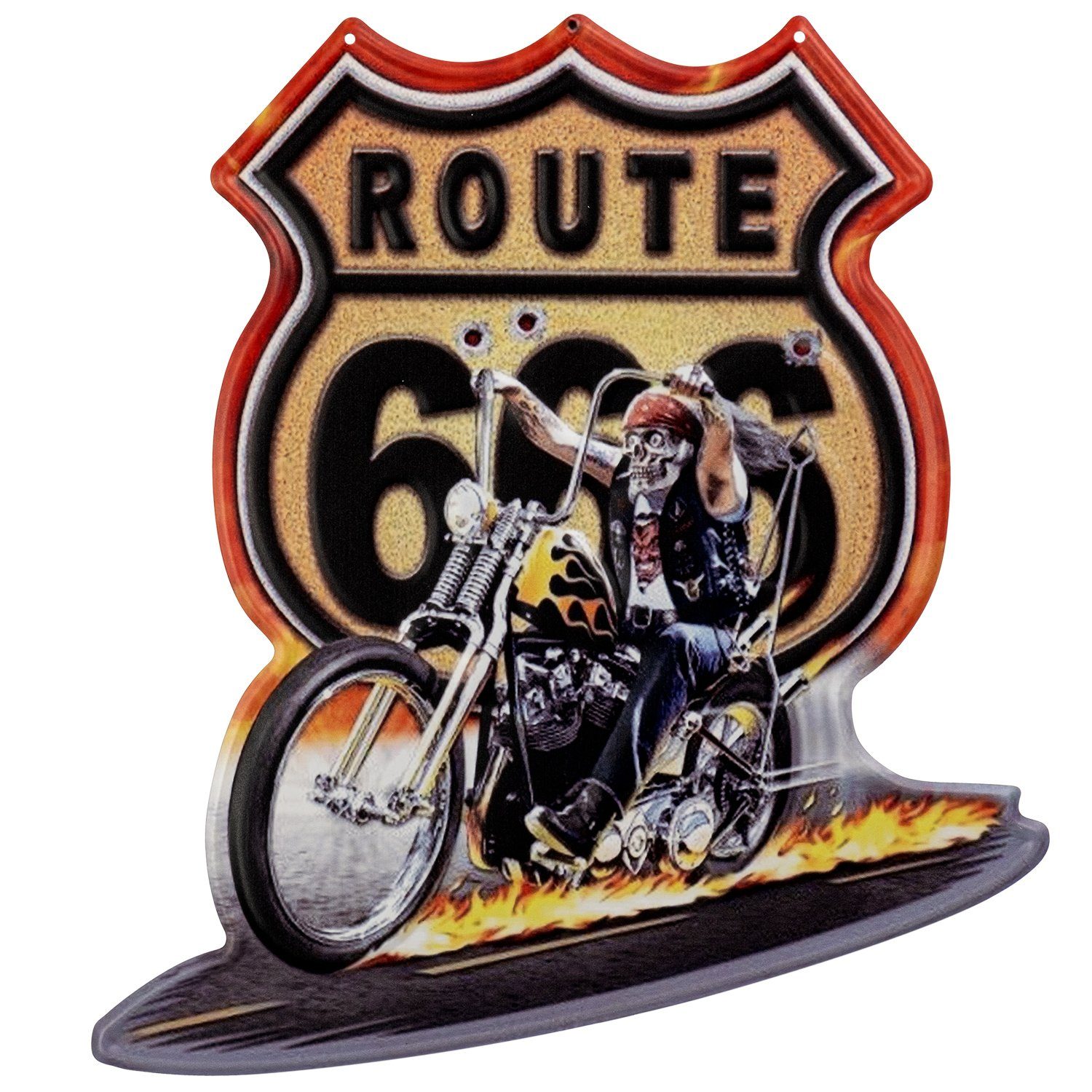 Moritz Metallschild Route 666 Hell Rider Motorrad Flammen, (Einzeln), 20 x 25cm Vintage Retro Deko Schild Metallschild Wandbild Schild