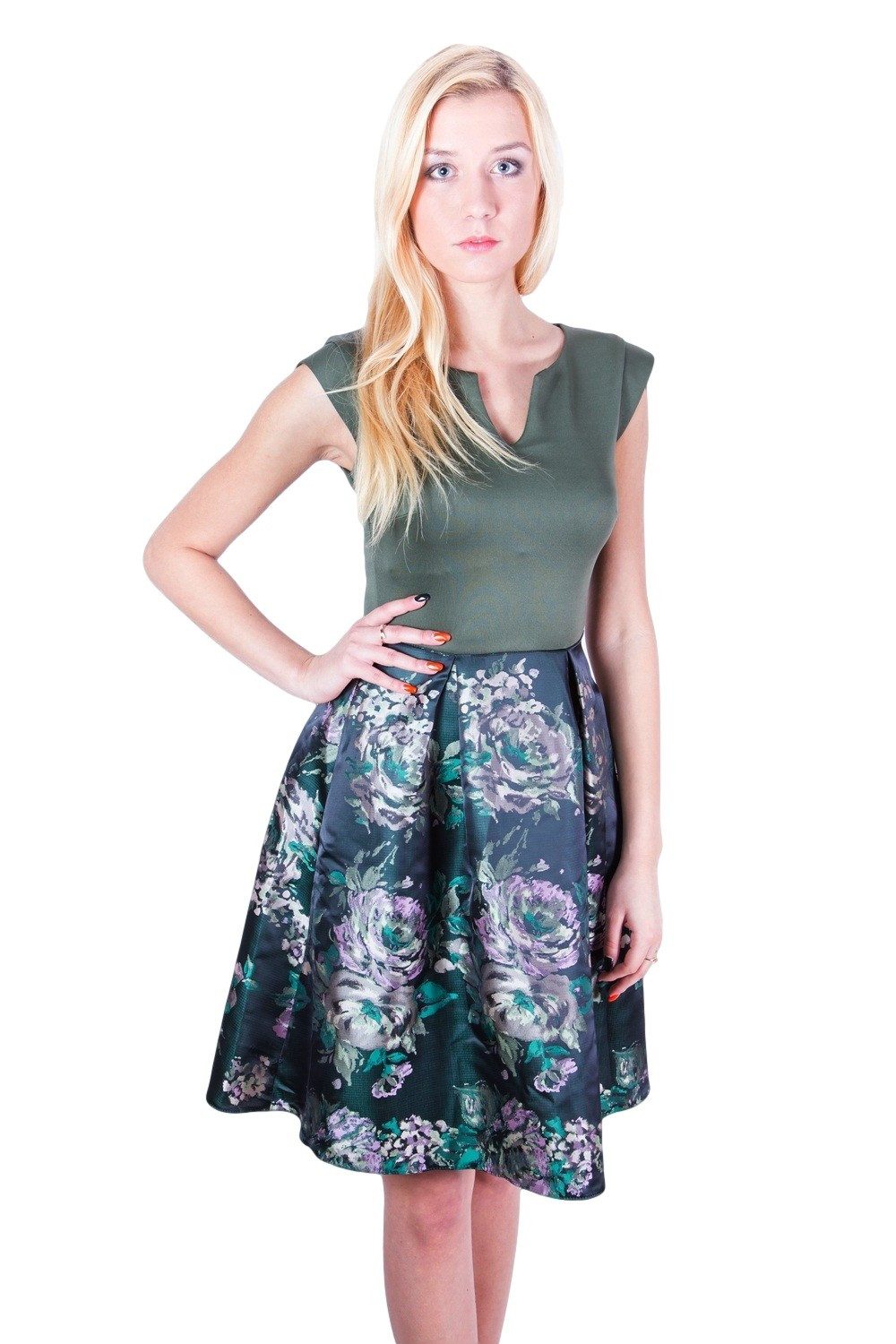 Midikleid John Zack Grünes, elegantes Kleid mit Blumen gemustert S