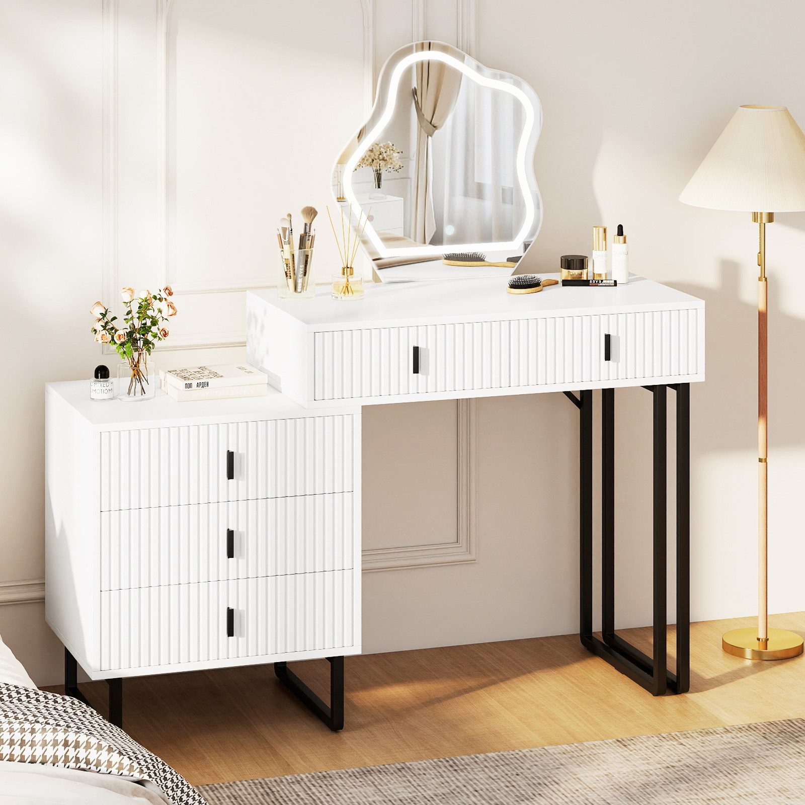 COSTWAY Schminktisch (1-St), mit LED Spiegel & Beistellschrank, Kosmetiktisch