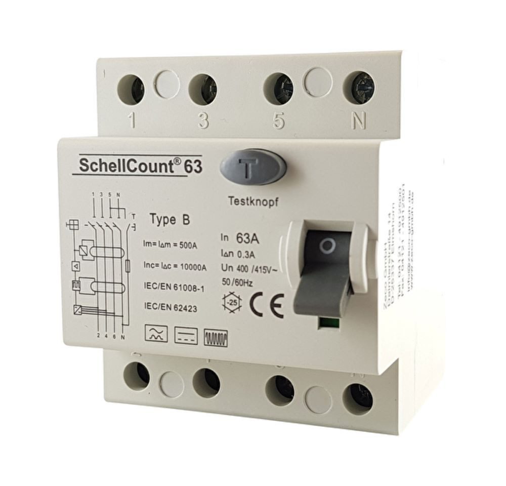 Schellcount Schalter Fehlerstromschutzschalter 63A - 300mA - 0,3A Allstromsensitiv, Typ B