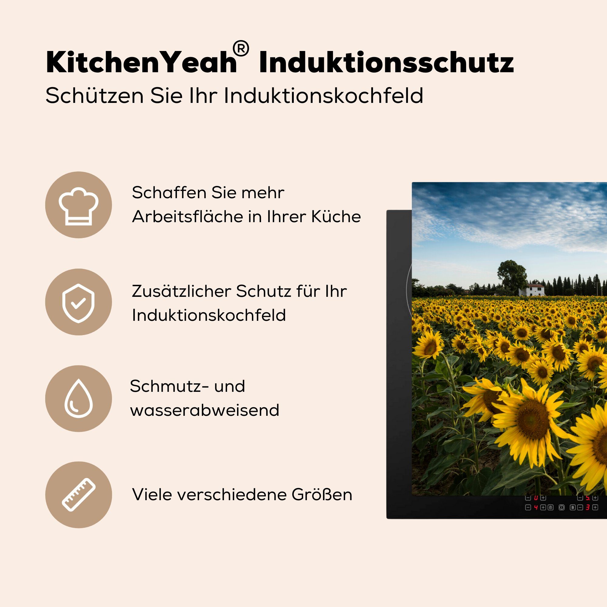 MuchoWow Herdblende-/Abdeckplatte Sonnenblume für Ceranfeldabdeckung 81x52 tlg), Vinyl, - cm, küche, Bäume, Italien Induktionskochfeld Schutz (1 - die