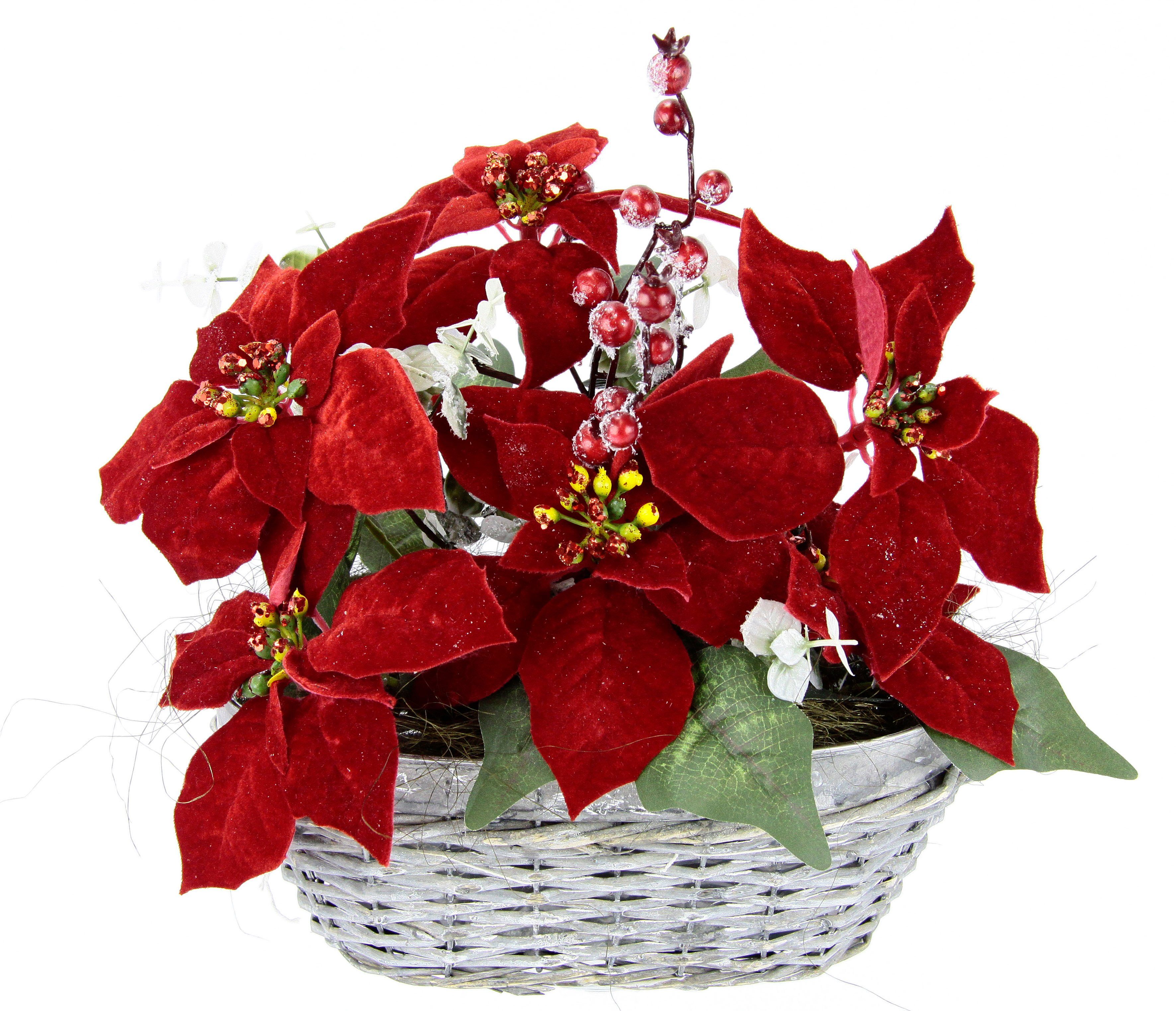 Kunstblume Arrangement, I.GE.A., Höhe 30 cm, Poinsettia Beeren im Korb | Kunstblumen