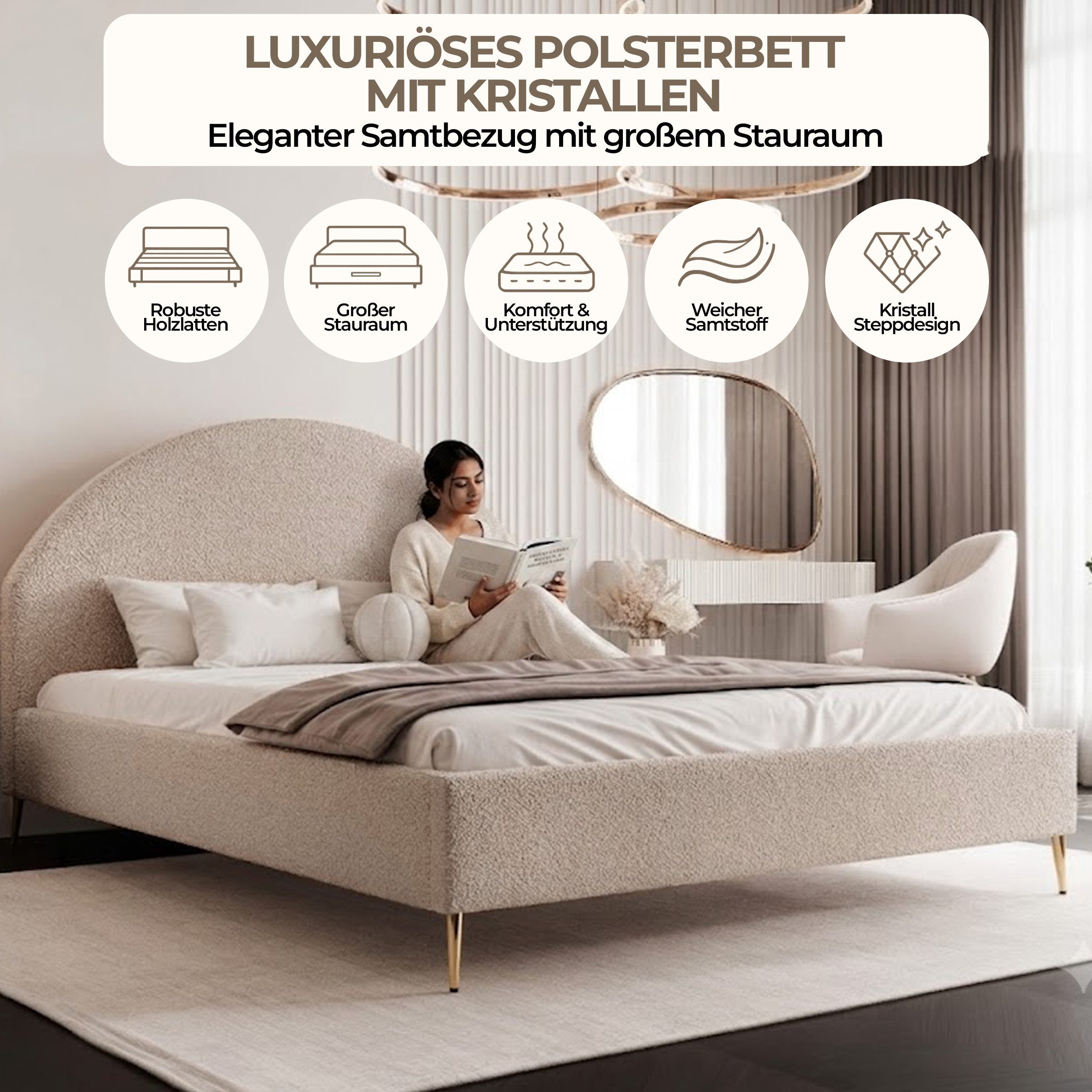 Goldstoff Polsterbett Elegantes Bett mit hohem Kopfteil und stilvollem Stauraum (120–200x200 cm, Kopfteilhöhe: 90/110 cm, Seitenhöhe: 25/40 cm), "CELESTE" – Modernes Komfortbett mit praktischem Stauraum