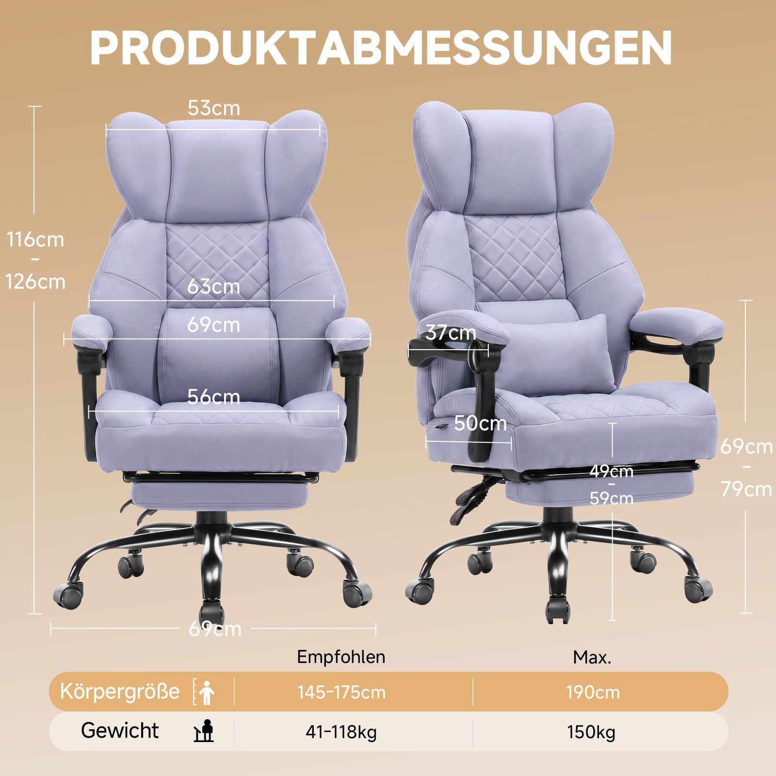 GTPLAYER Gaming-Stuhl Ergonomischer Bürostuhl mit Fußstütze und Lendenstütze Chefsessel, breiter Computersessel, Höhenverstellbar, Federkernsitz