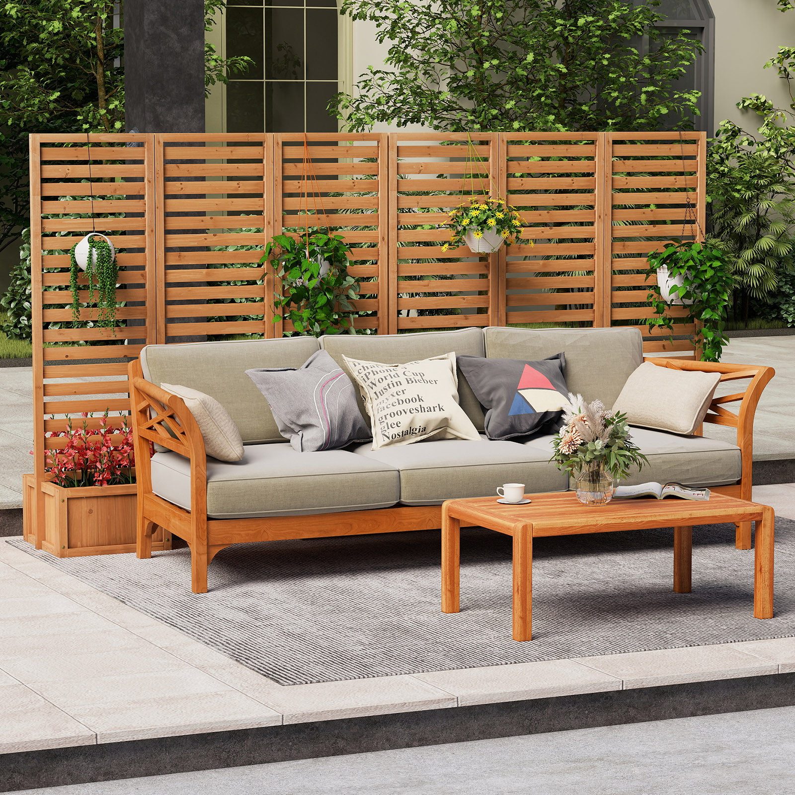 COSTWAY Paravent mit Pflanzkästen, 3-teilig Massivholz Sichtschutz faltbar