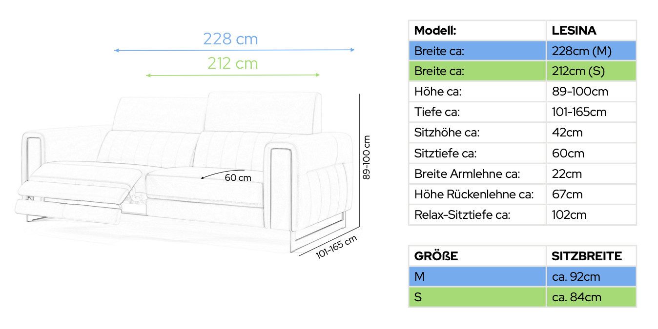 Sofanella 3-Sitzer Leder LESINA, Relaxcouch, Designersofa, Designer Sofa, 3er Couch, Sofagarnitur