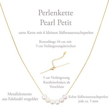 Célia von Barchewitz Perlenkette "PEARL PETITE" zarte Halskette kurz mit 6 Perlenanhängern, 18k vergoldet, Länge von 44 - 49 cm verstellbar