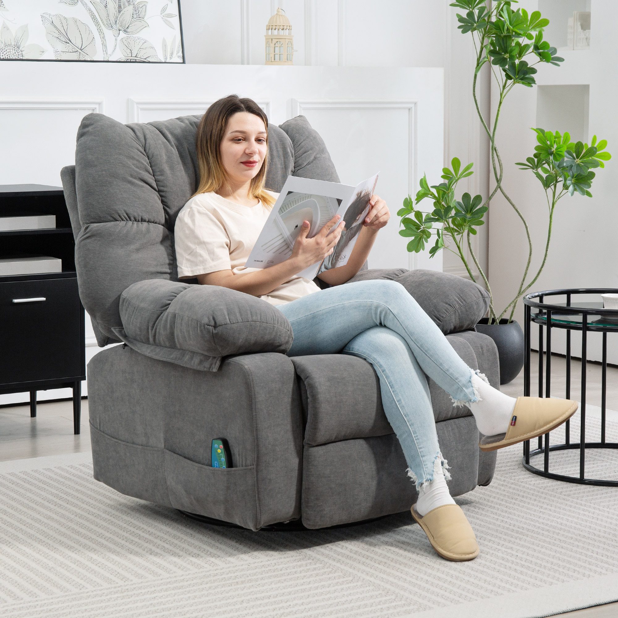 HOMCOM Massagesessel Relaxsessel mit Vibration, Heizung, Fußteil, Liegesessel (Fernsehsessel mit Wärmefunktion, Liegefunktion, 1-St., TV Sessel mit Seitentaschen, Fernbedienung), 98 x 90 x 98 cm, Dunkelgrau