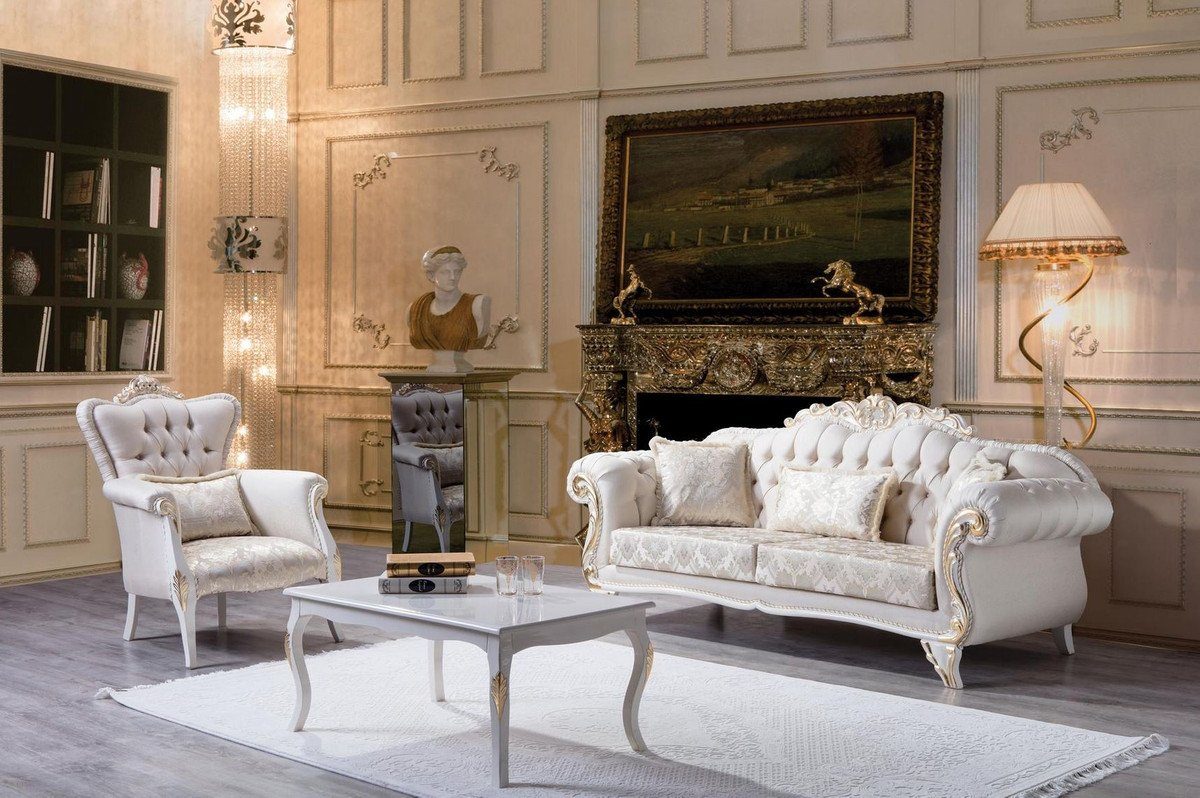 cm Sofa Weiß / dekorativen Creme 220 Kissen Padrino mit Casa x - - Barock x Edel / Möbel H. Barock Luxus & Wohnzimmer 101 Prunkvoll 90 Gold Sofa