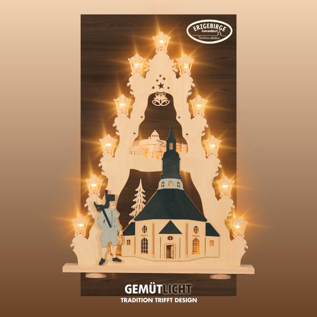 Weigla Lichterbogen Seiffener Kirche, große Lichterspitze aus Holz, Made in Germany (1-tlg), Erzgebirge garantiert, Weihnachtsdeko Innen, Weihnachtsbeleuchtung