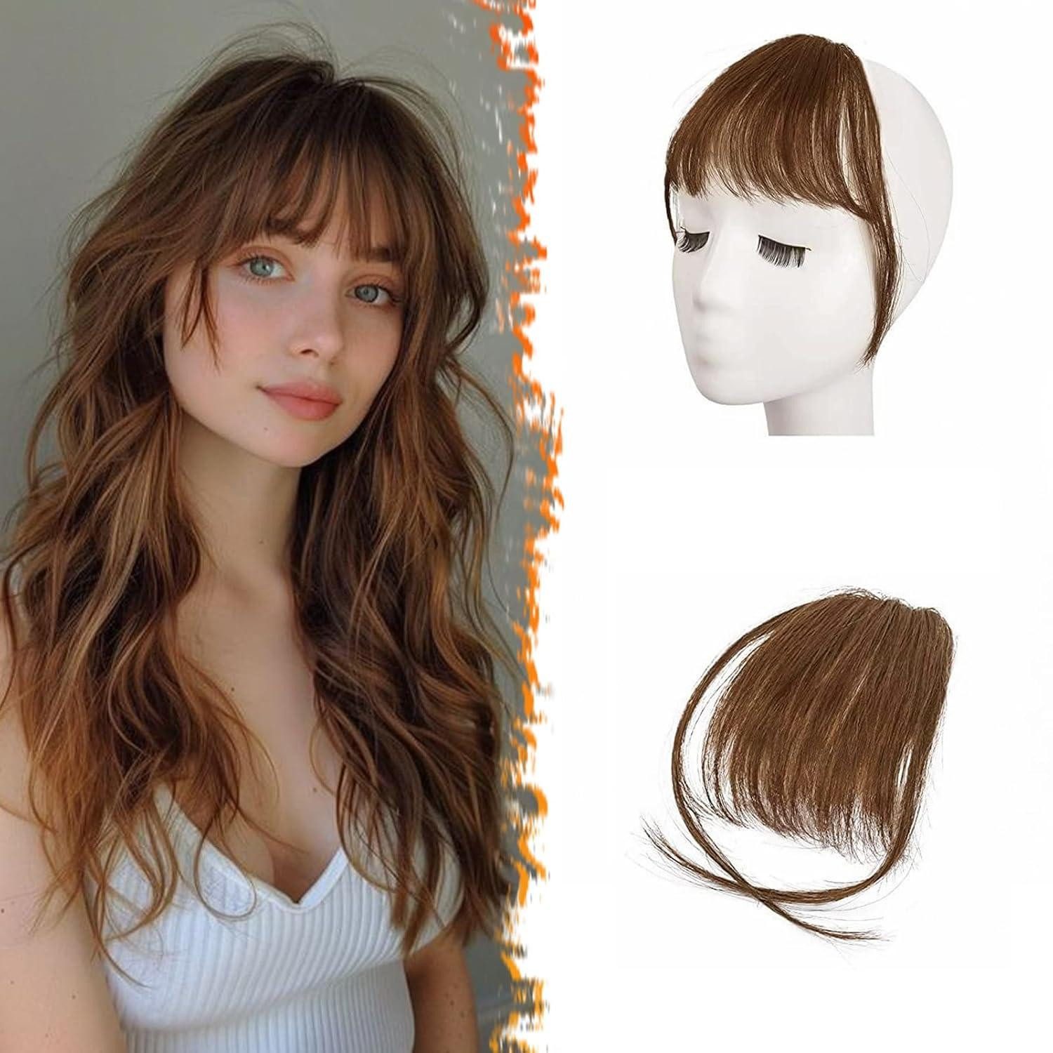 Echthaar-Extension Clip-in Pony Echthaar Mittelbraun Haarverlängerung Fransen Wispy