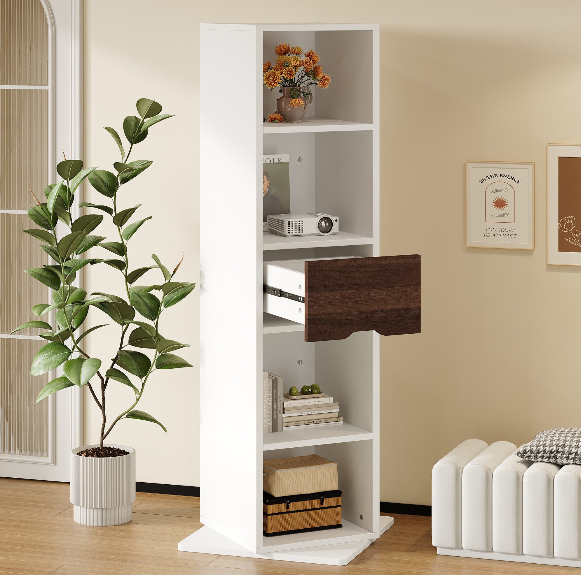 REDOM Spiegelschrank Standspiegel mit Stauraum, 360° drehbarer Spiegel-Schrank (mit offenen Regalen, Führungsschienen-Schublade und praktischem Aufbewahrungskonzept, Hochschrank Badschrank)