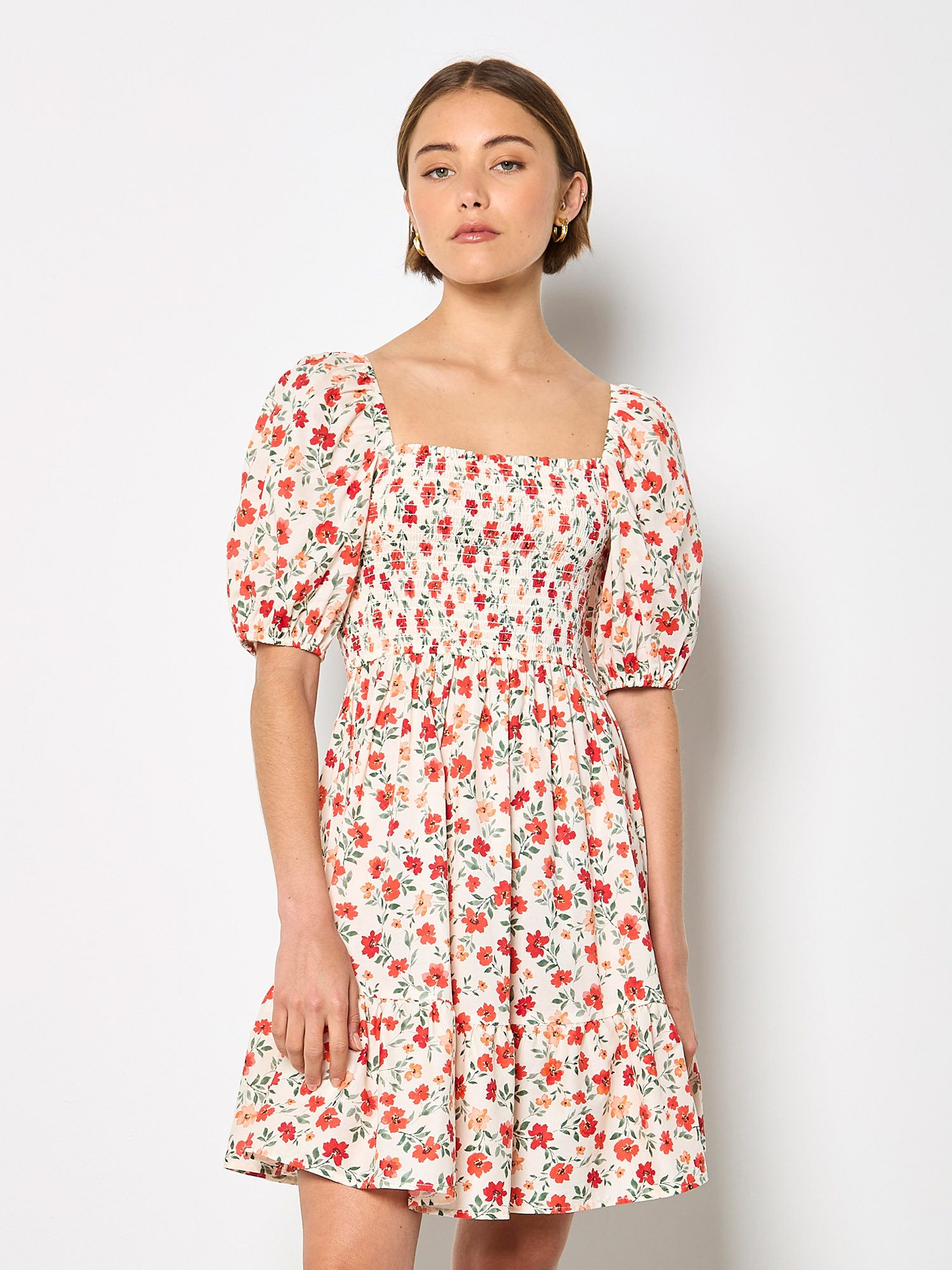 Apricot Druckkleid Minikleid aus Baumwollpopeline mit Blumenmuster mit elastischem Bund