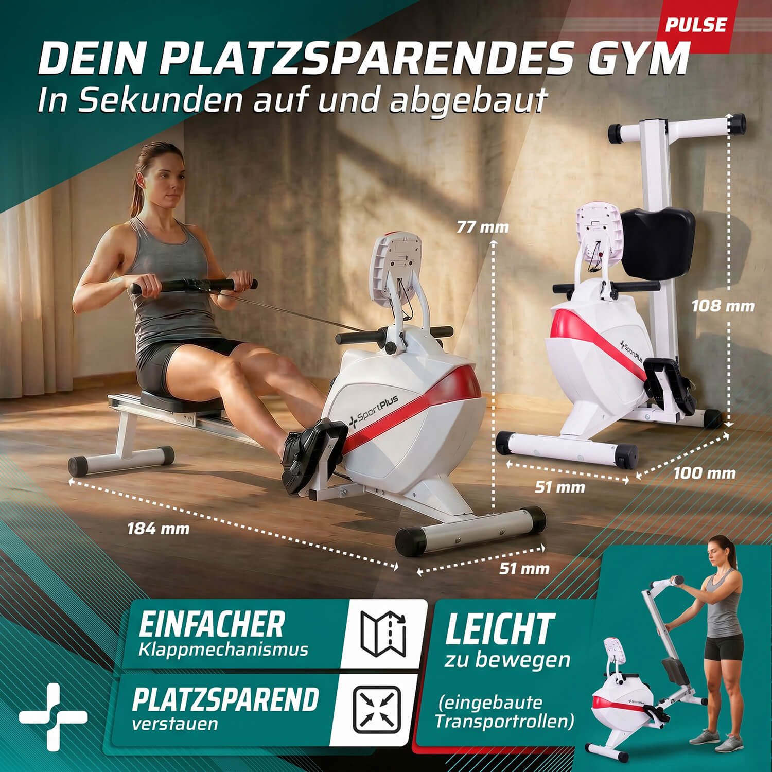 SportPlus Rudergerät Klappbar, Magnetbremse, 8 Widerstandsstufen, 8 kg Schwungmasse, Rudermaschine klappbar, Magnetbremssystem, 8 Widerstandsstufen