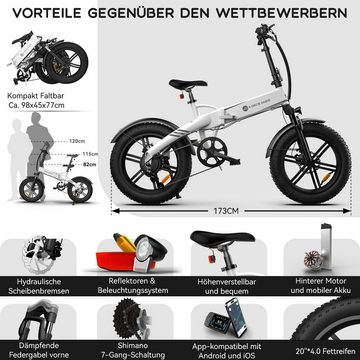 ADO E-Bike A20F Beast 20*4.0" Fat Tire Pedelec Drehmomentsensor,14,5Ah,Klapprad, 7 Gang, Kettenschaltung, ebike Damen/Herren,StVZO,E-Mountainbike