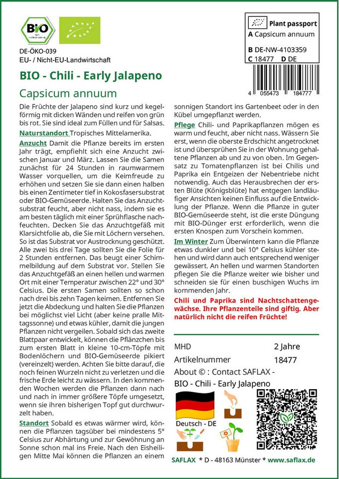 Thumbnail - SAFLAX Gemüsesamen SAFLAX - Samen - BIO - Chili - Early Jalapeno
