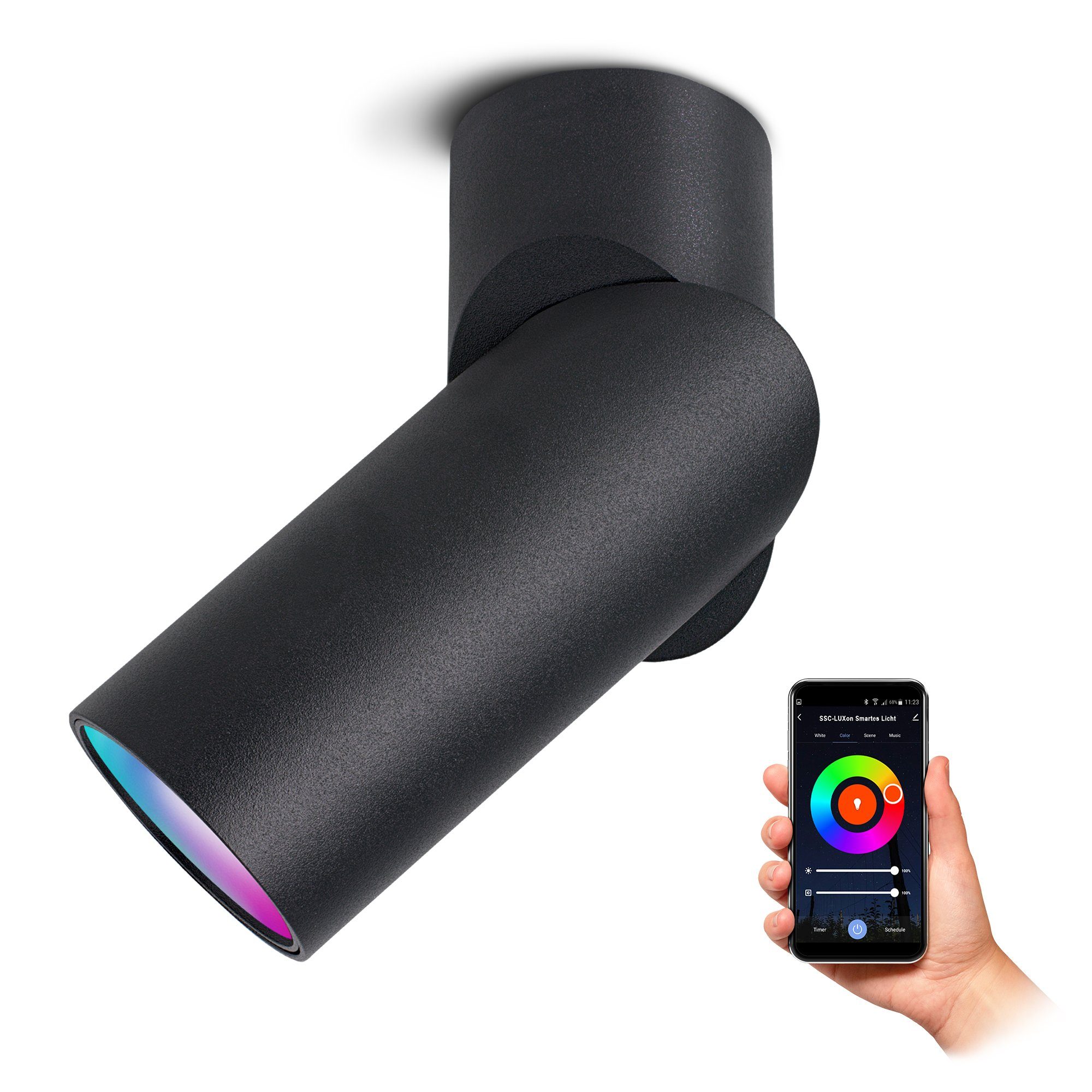SSC-LUXon LED Aufbaustrahler TOBI-L Spot Aufbaustrahler schwenkbar schwarz mit WLAN RGB LED GU10, RGB & Weißtöne