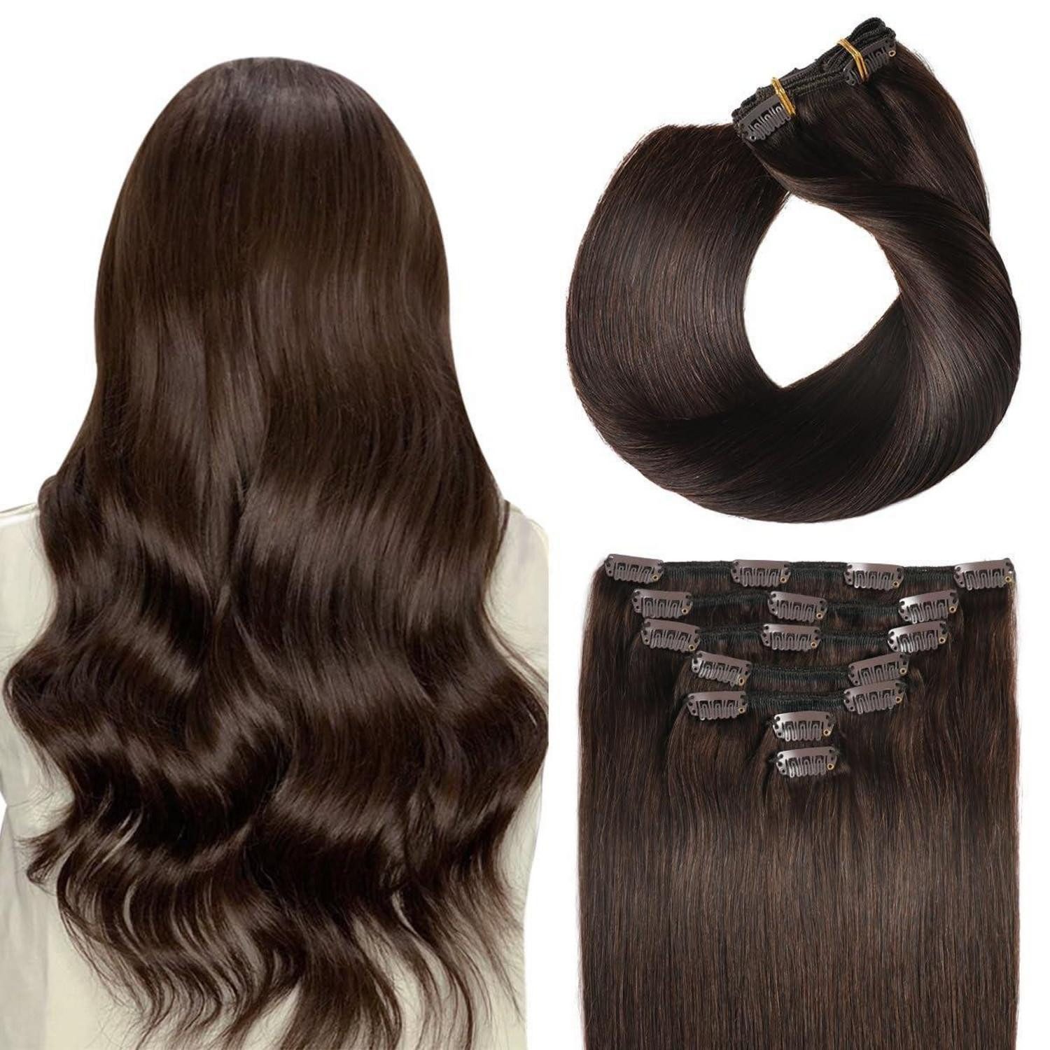 LuxusKollektion Echthaar-Extension Clip in Extensions Echthaar Menschenhaar 35cm-70g #2 Dunkel Braun