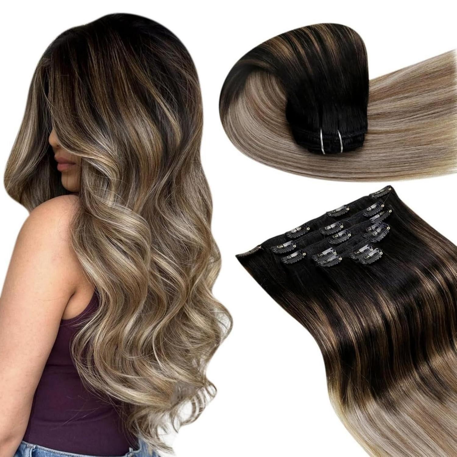 Echthaar-Extension Clip Extensions Echthaar Remy Omber Balayage 40cm-105g 4.6#1b 8 22