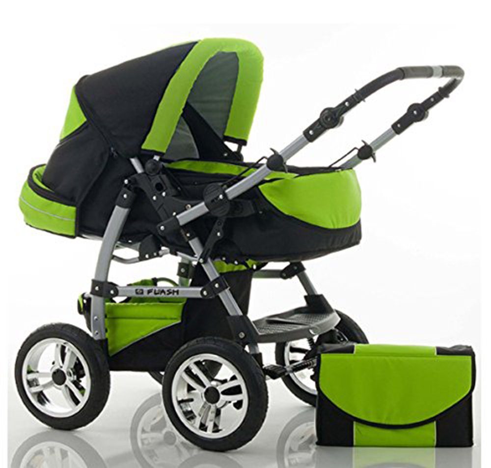 babies-on-wheels Kinderwagen-Set 1 Schwarz-Grün - 2 Flash Farben - Teile in 18 in Kombi-Kinderwagen 14