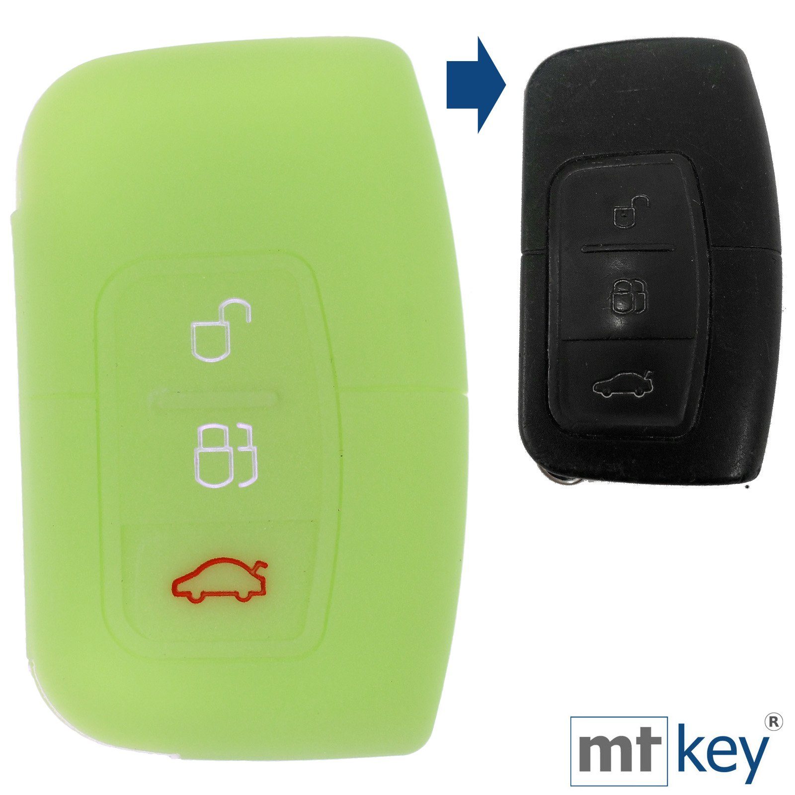 mt-key Schlüsseltasche Autoschlüssel Softcase Silikon Schutzhülle fluoreszierend Grün, für Ford C-Max Focus Kuga Mondeo 3 Tasten KEYLESS SMARTKEY