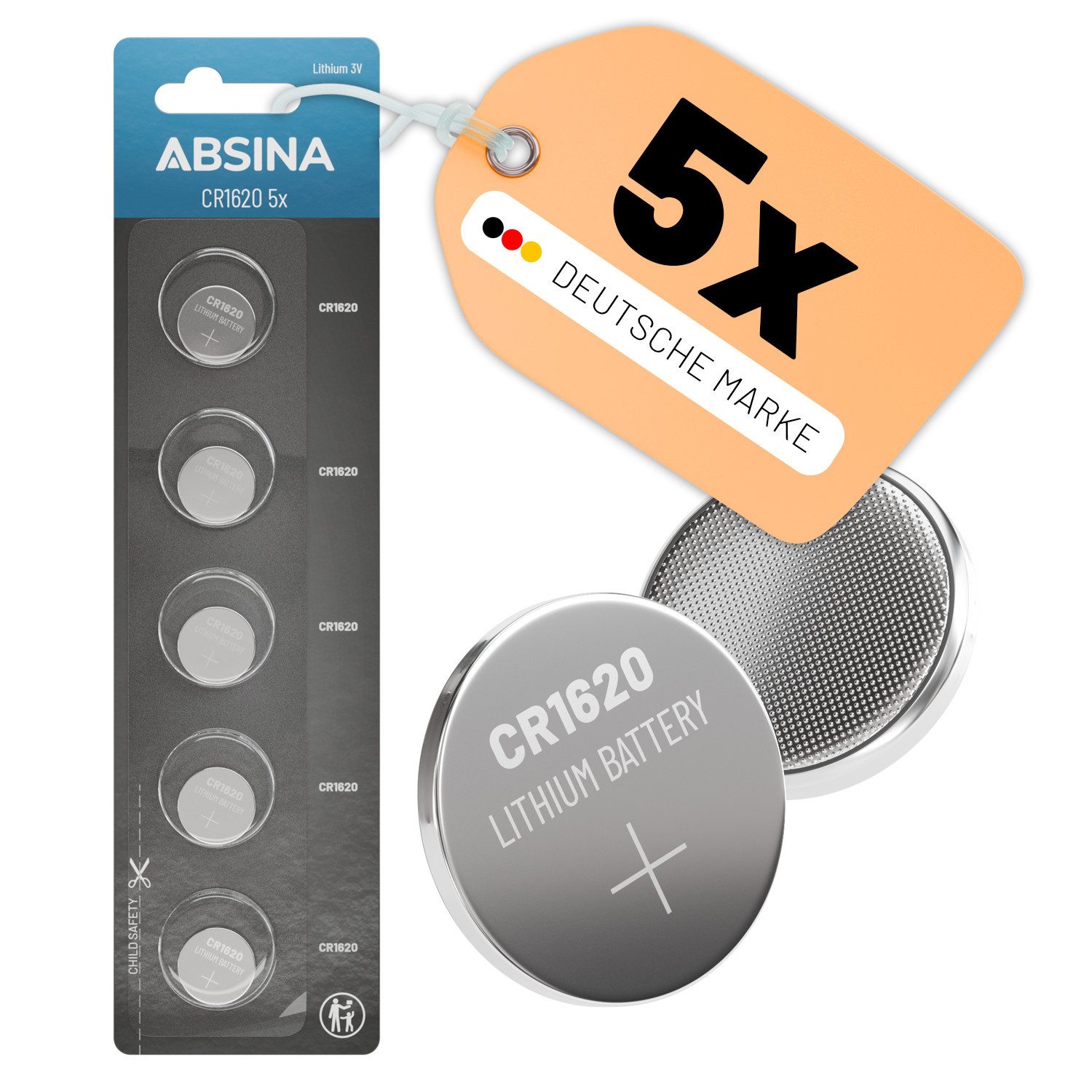ABSINA CR1620 3V Lithium Knopfzelle 5er Pack - 1620 - für Autoschlüssel Knopfzelle, (1 St)