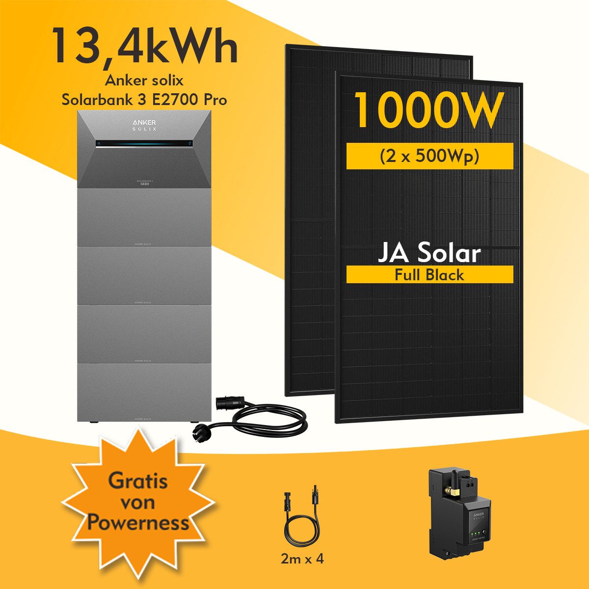 Anker Balkonkraftwerk 1000W Anker SOLIX Solarbank 3 E2700 Pro mit Smart Meter, 0-5x BP2700, (Smart Meter und 2x JASolar 500Wp Full Black im Lieferumfang enthalten), Speicher mit integriertem Wechselrichter, All-in-One 2,668kWh Akku