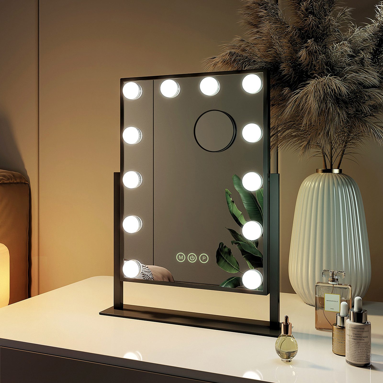 EMKE Kosmetikspiegel Hollywood-Schminkspiegel,360° Drehbar mit 7-fach Lupe (Sternenlicht), 11 LEDs, 3 Lichtfarben, dimmbar, Touch, Memory, 360° neigbar 30 × 41cm