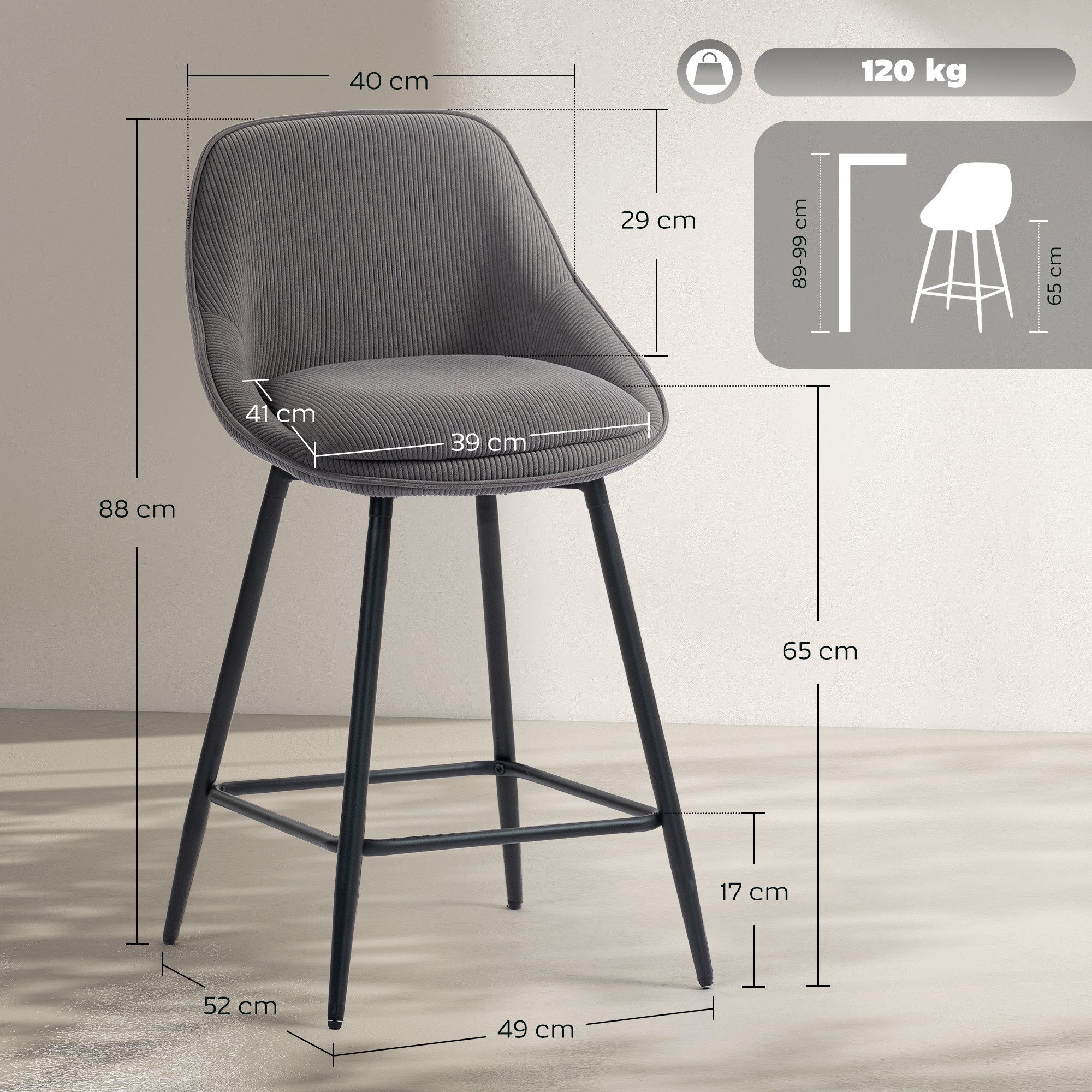 HOMCOM Barhocker Drehbar Tresenhocker mit Fußstütze, Rückenlehne, Kord-Optik (Bistrohocker, 2 St., Barstuhl), für Esszimmer, Grau