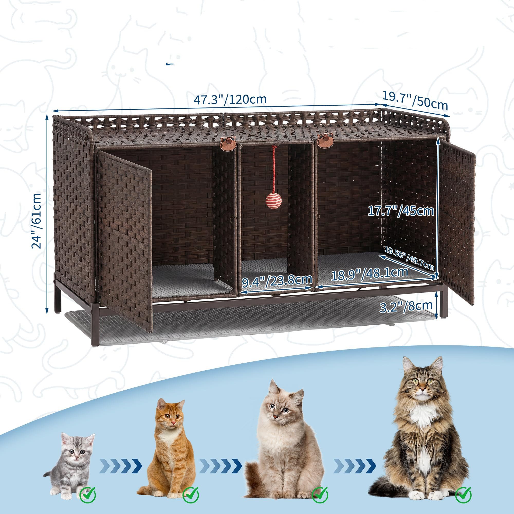GarveeMore Katzentoilette Rattan Katzenklo Möbel mit Tür, Matte und Haken, versteckte