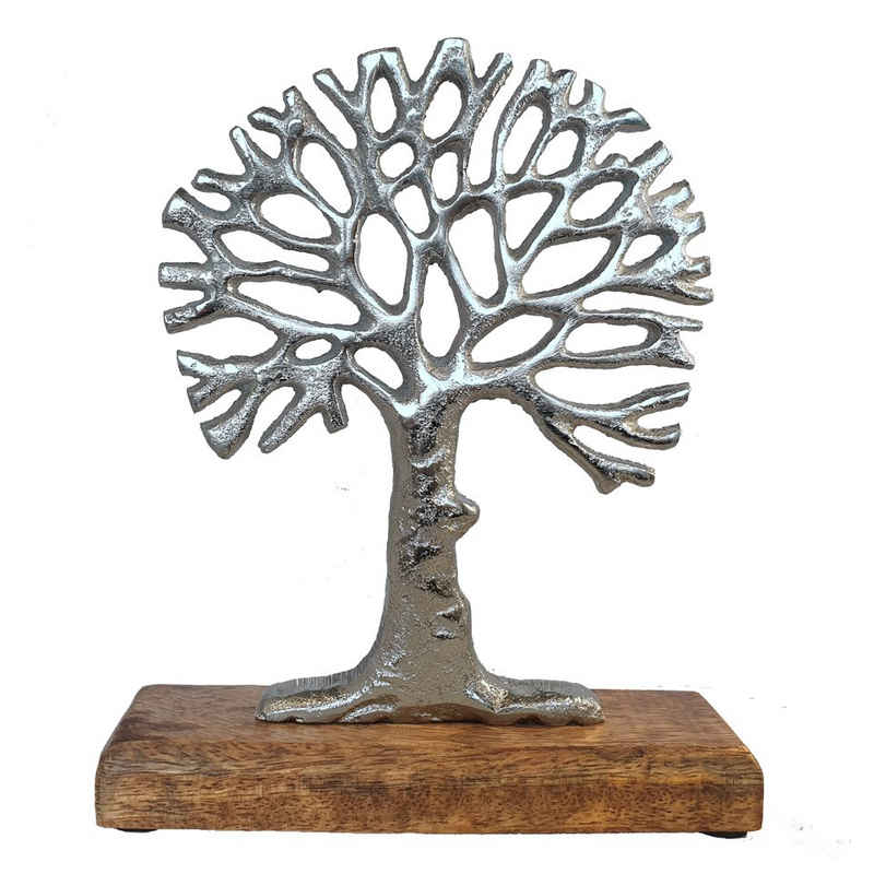 Goldbach Dekobaum Aluminiumbaum mit Sockel aus Mangoholz, Lebensbaum, moderner Alu-Holz-Style