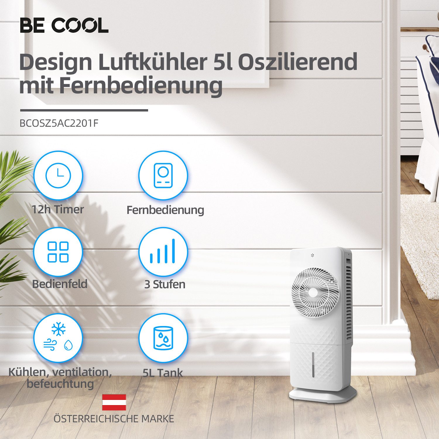 be cool Ventilatorkombigerät BCOSZ5AC2201F, Luftbefeuchtungsfunktion, inkl. Kühlakkus, Fernbedienung