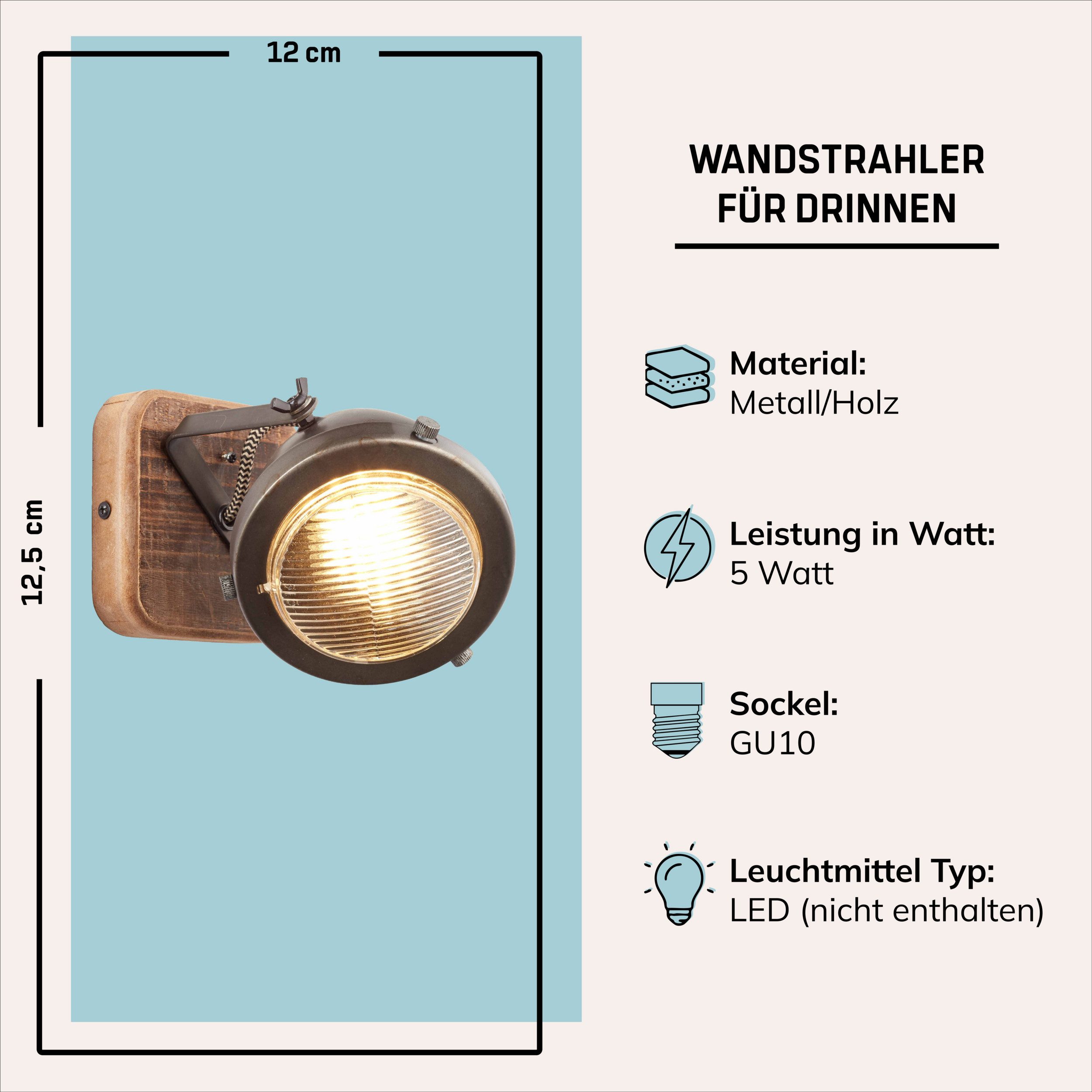 Lightbox Deckenstrahler, ohne Leuchtmittel, rustikale Wandleuchte mit Retro Design 12x12cm - Wandspot Metall/Holz