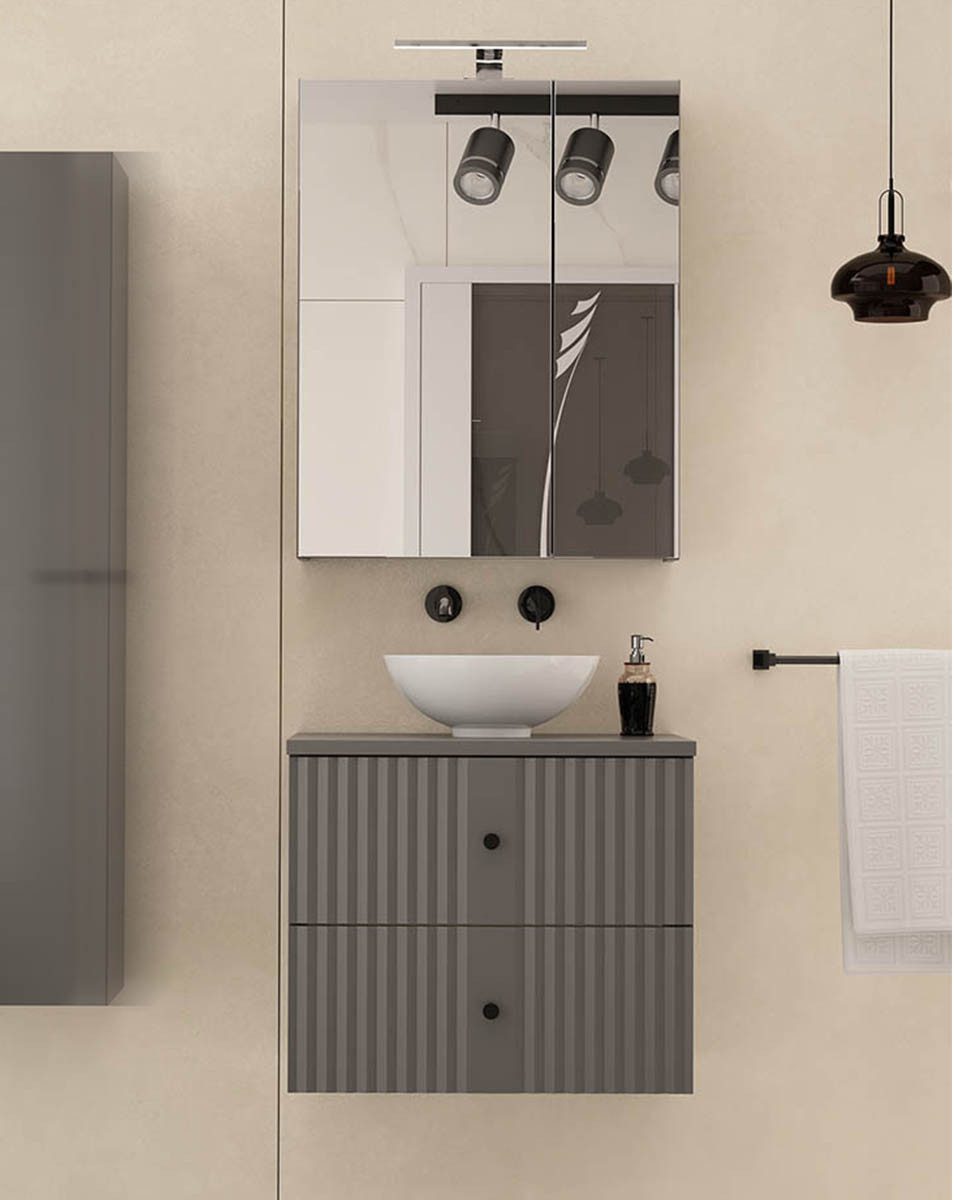 einfachgutemoebel Waschtisch-Set Waschtisch Set 60cm 2tlg. AshLine, Graphit mit Aufsatzbecken, (Badmöbel Set, 1-St., Waschtisch Unterschrank)
