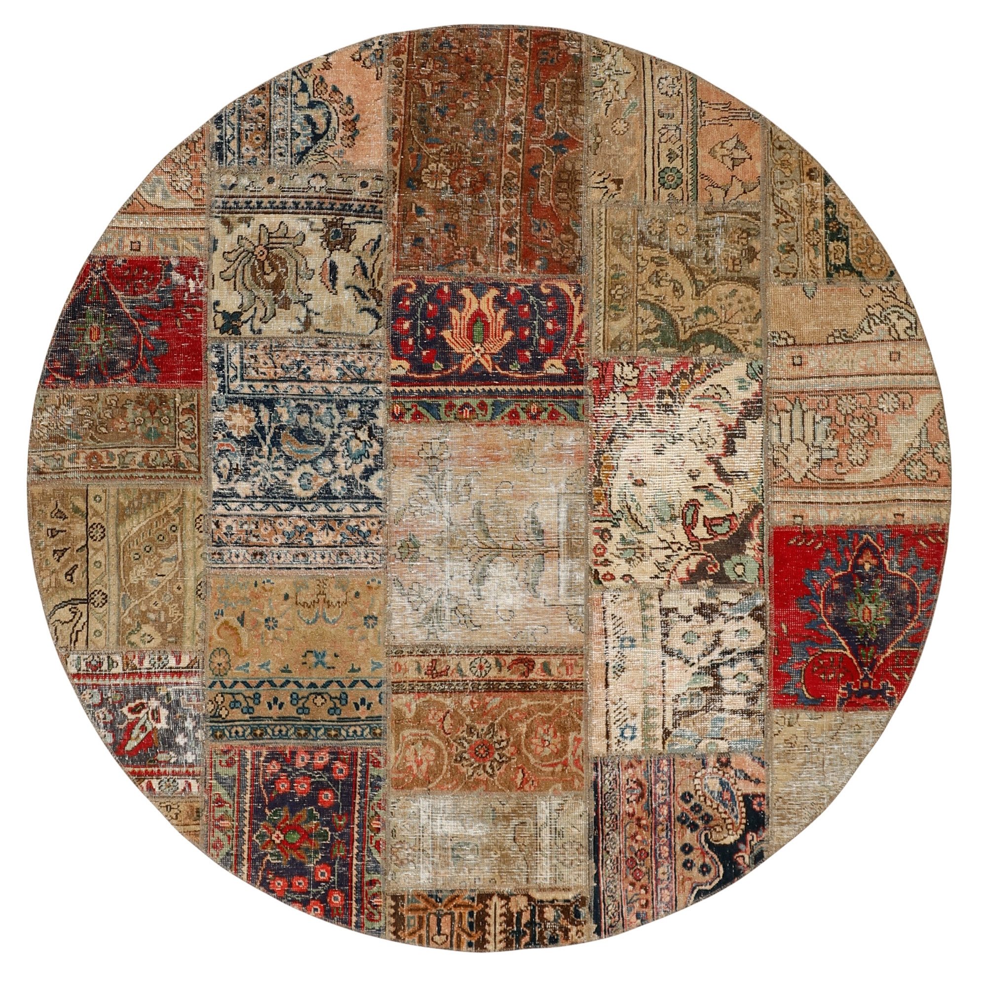 Wohnando Teppich MY-RUG Vintage Patch Work Floral & Ornamentiert 200x200cm, Rund, Höhe: 10 mm, Handgeknüpfter Teppich,Handgesponnene Wolle, mit Naturfarben gegärbt